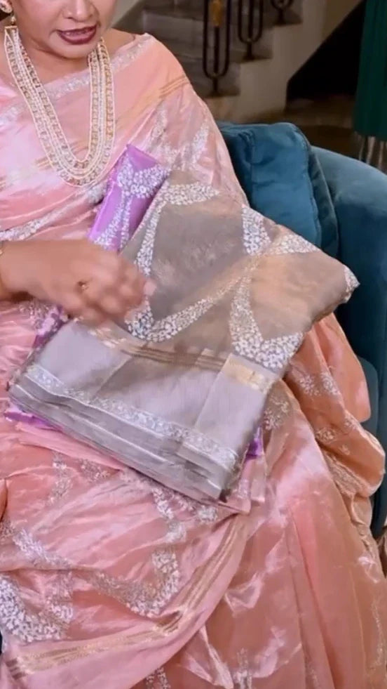 Elegant Grey Banaras Tissue Saree Silver Zari Embroidery