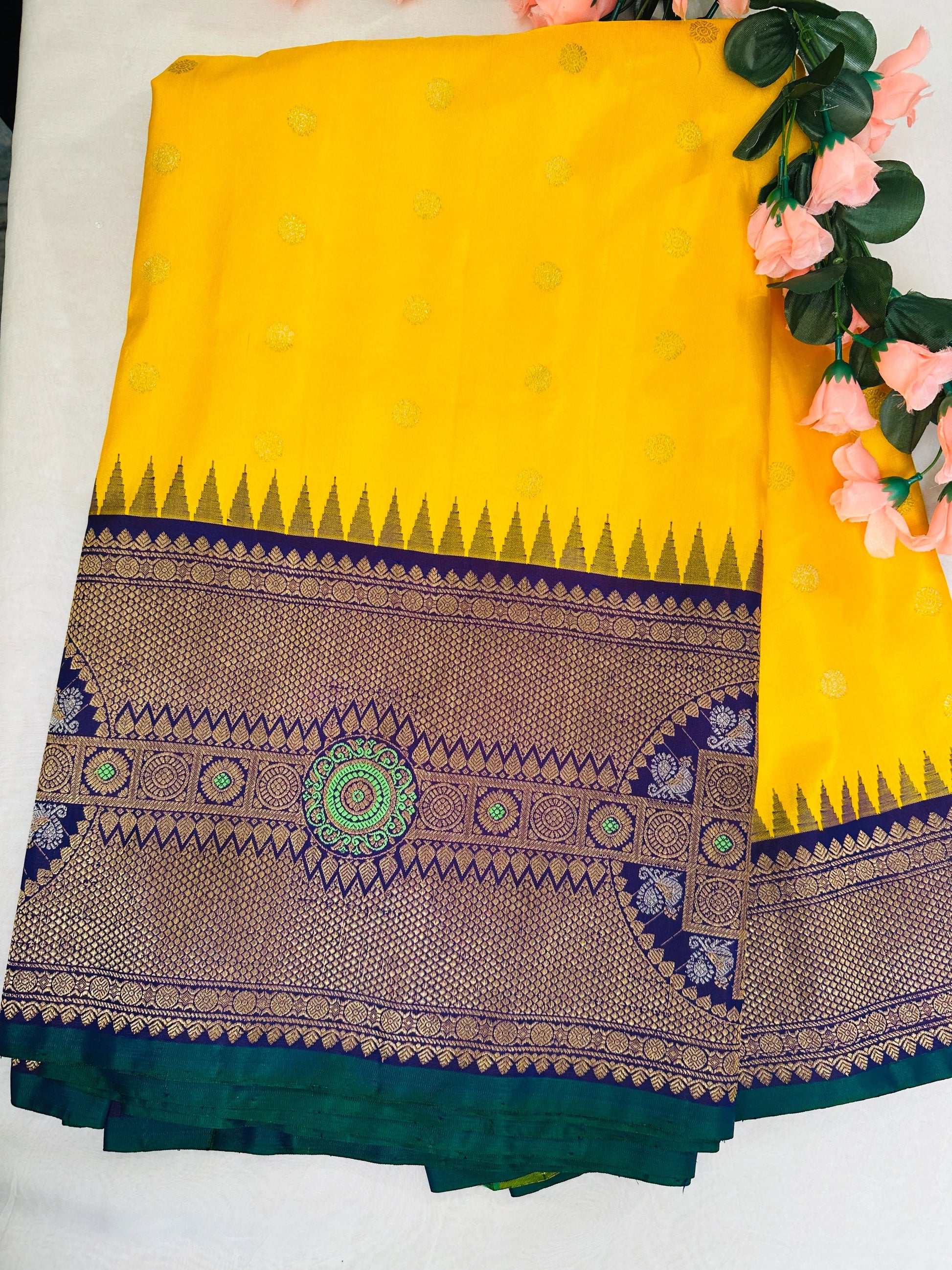 Radiant Yellow Mustard Gadwal Pattu Saree Gold Zari Temple Border