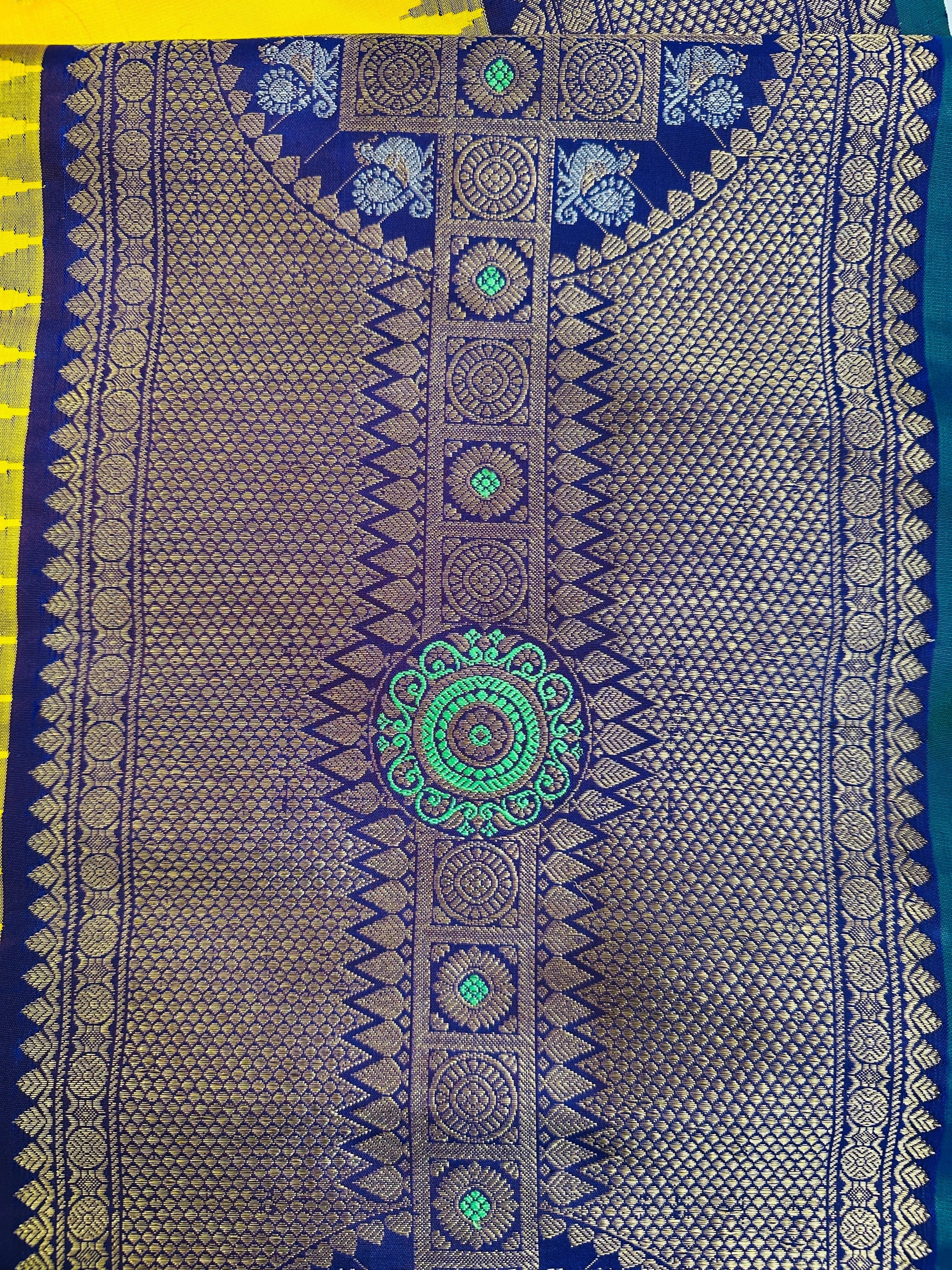 Radiant Yellow Mustard Gadwal Pattu Saree Gold Zari Temple Border