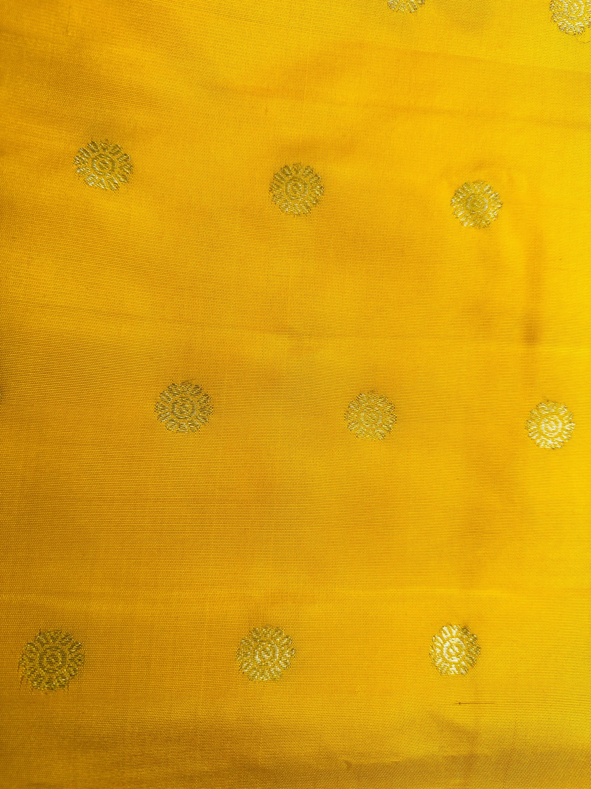 Radiant Yellow Mustard Gadwal Pattu Saree Gold Zari Temple Border