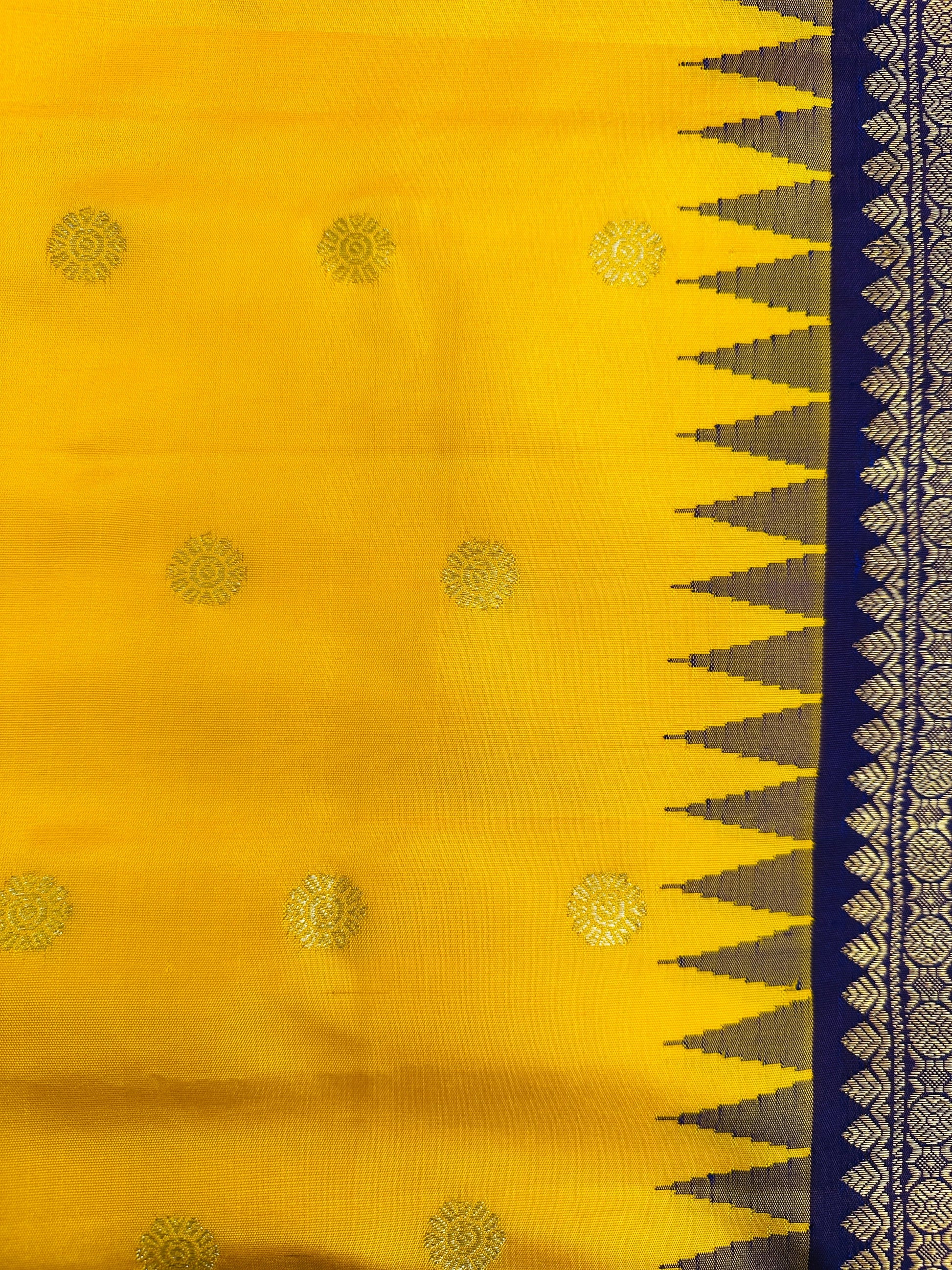 Radiant Yellow Mustard Gadwal Pattu Saree Gold Zari Temple Border