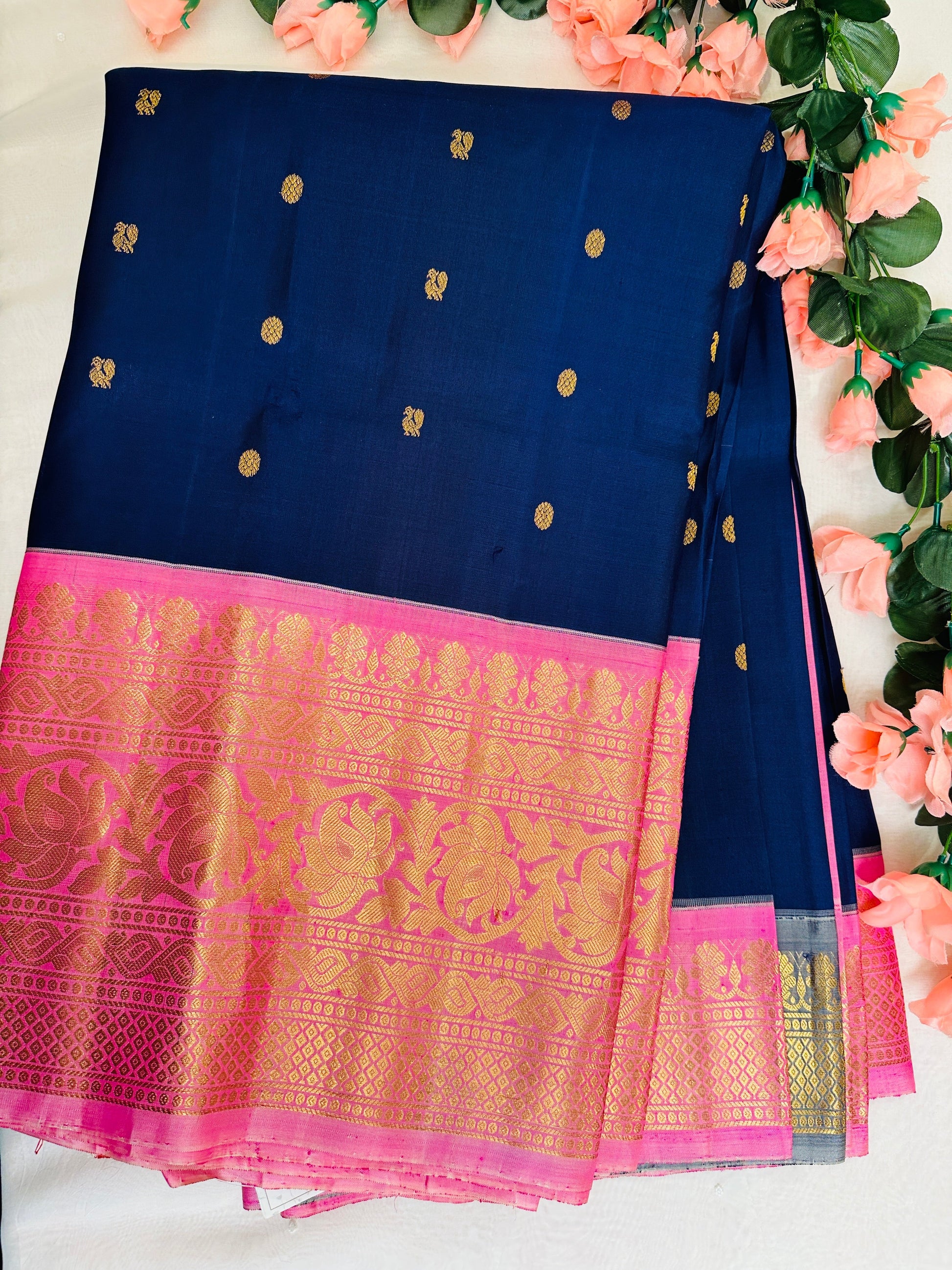 Striking Blue Midnight Gadwal Pattu Saree Gold Zari Nature Inspired