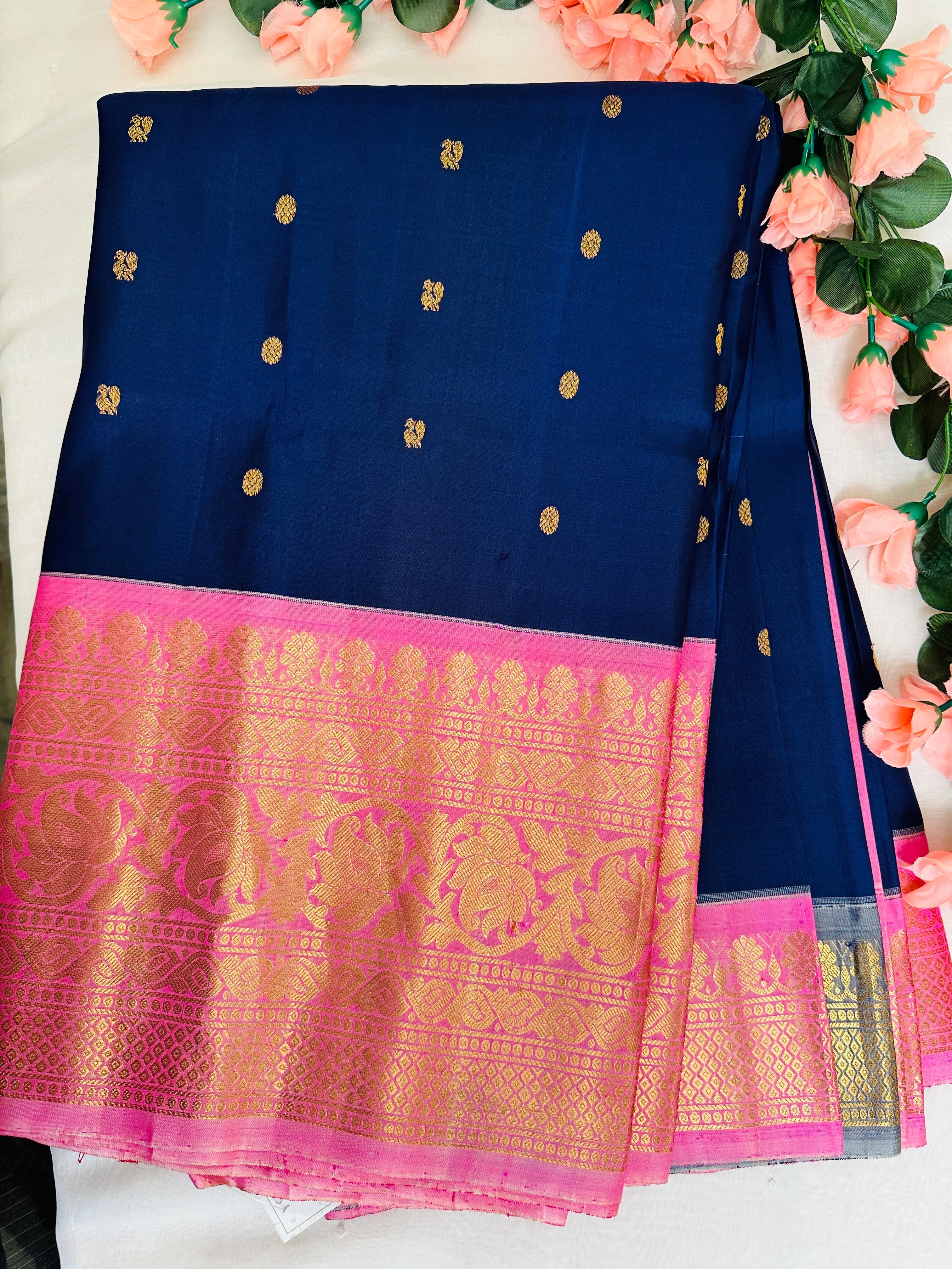 Striking Blue Midnight Gadwal Pattu Saree Gold Zari Nature Inspired