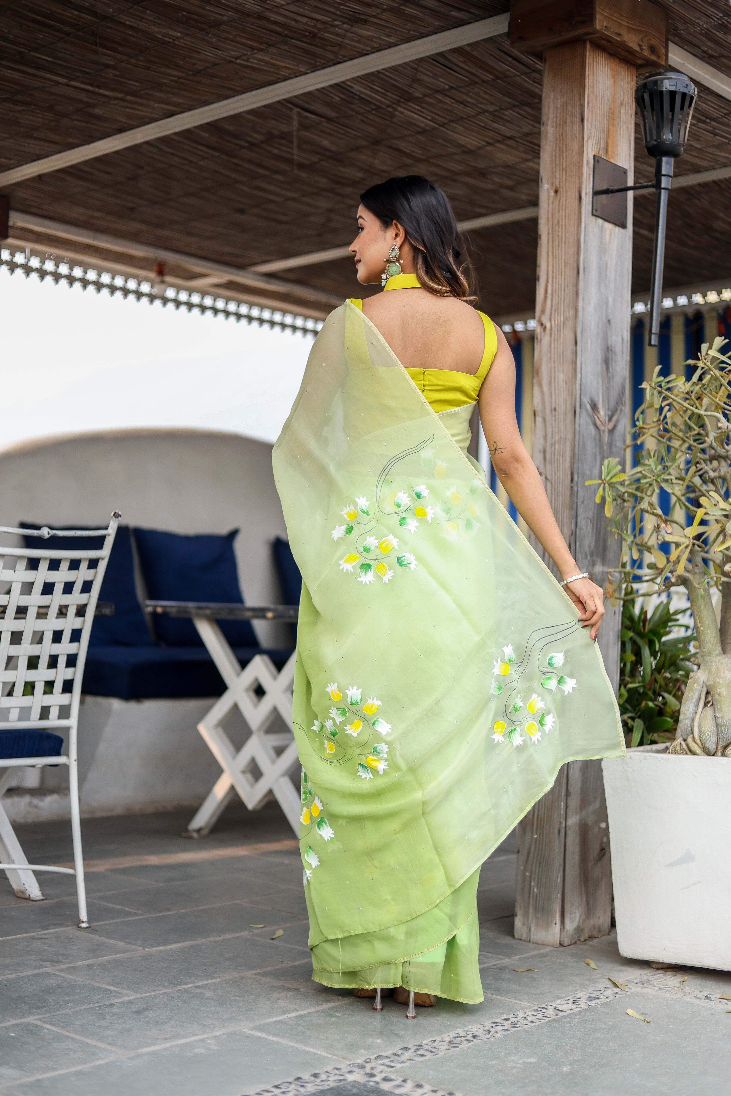 Artistic Green Viscose Organza Handpainted Mukaish Saree Floral