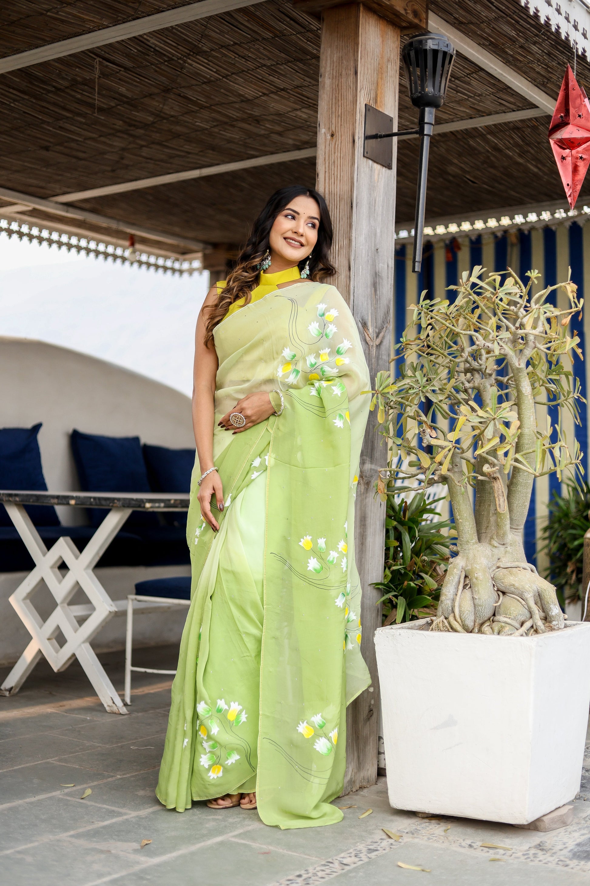 Artistic Green Viscose Organza Handpainted Mukaish Saree Floral