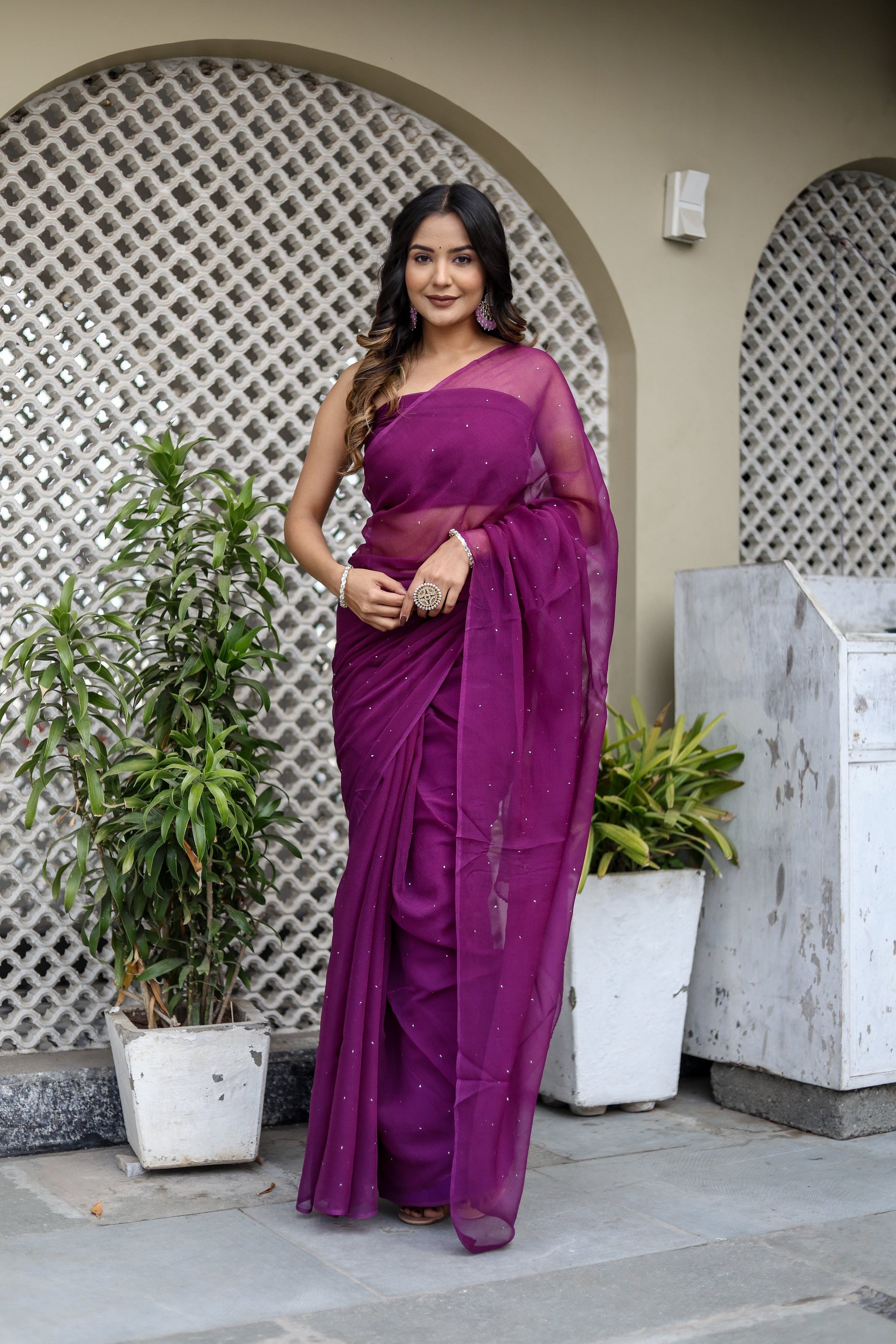 Radiant Purple Chiffon Mukaish Saree Geometric Handwork