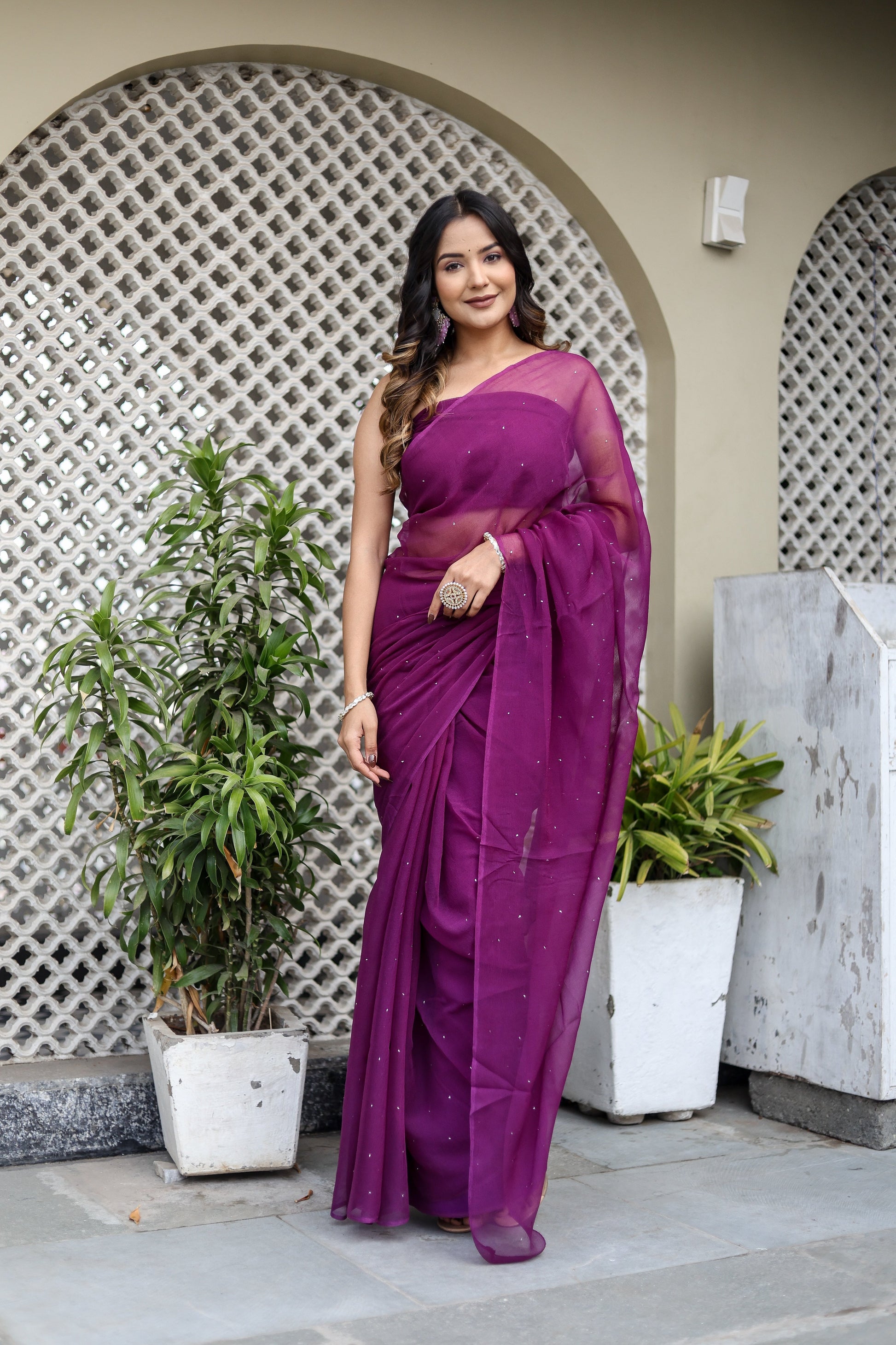 Radiant Purple Chiffon Mukaish Saree Geometric Handwork