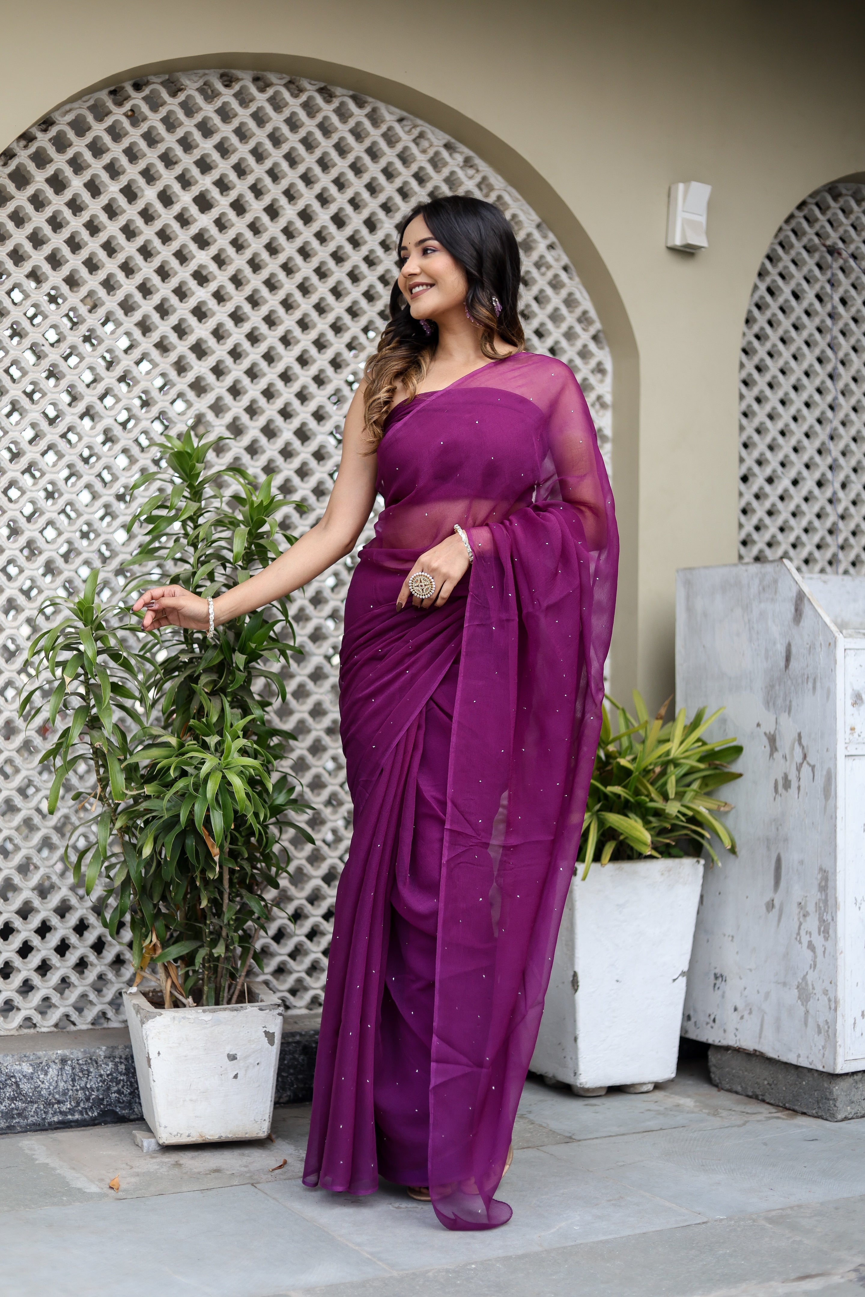 Radiant Purple Chiffon Mukaish Saree Geometric Handwork