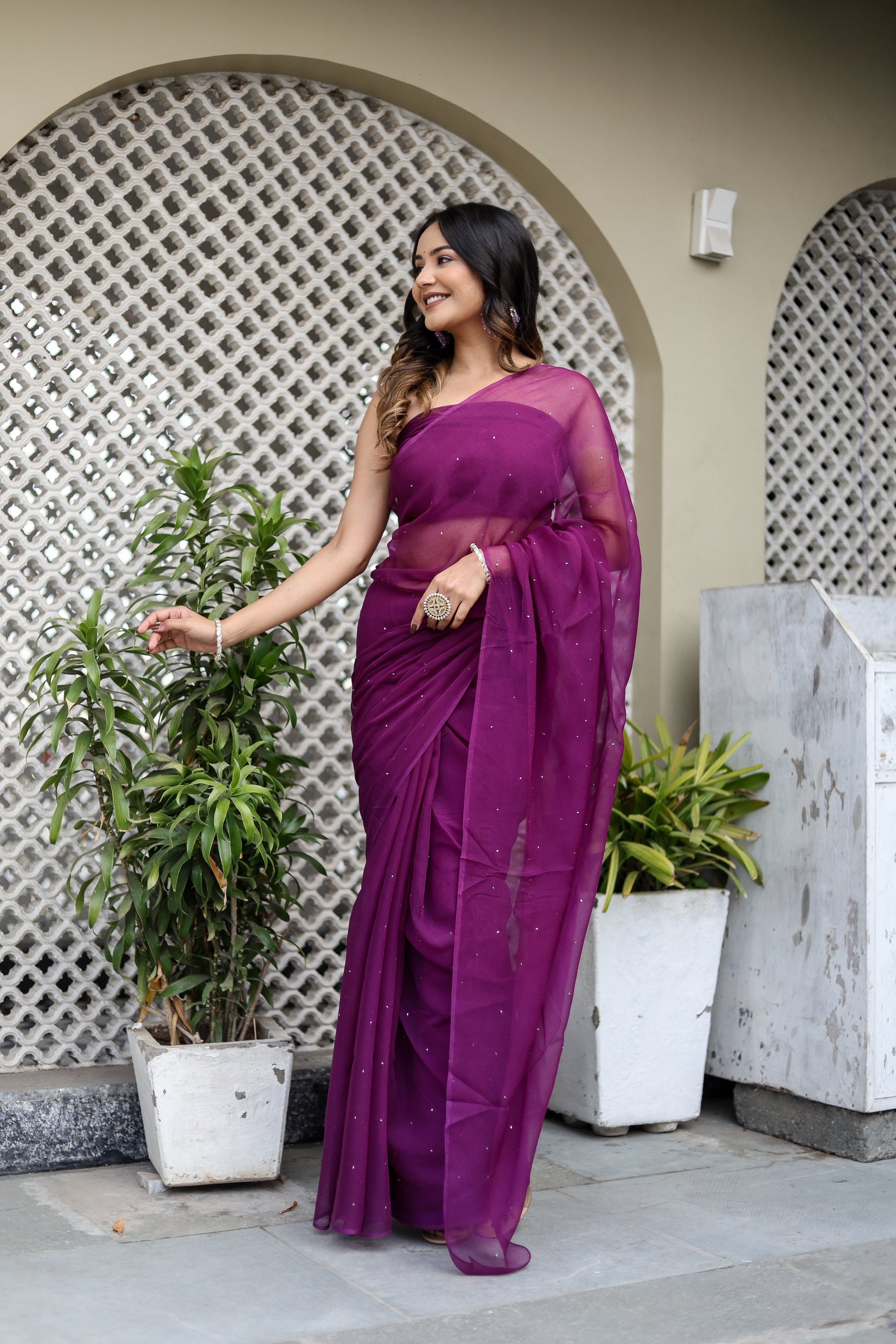 Radiant Purple Chiffon Mukaish Saree Geometric Handwork