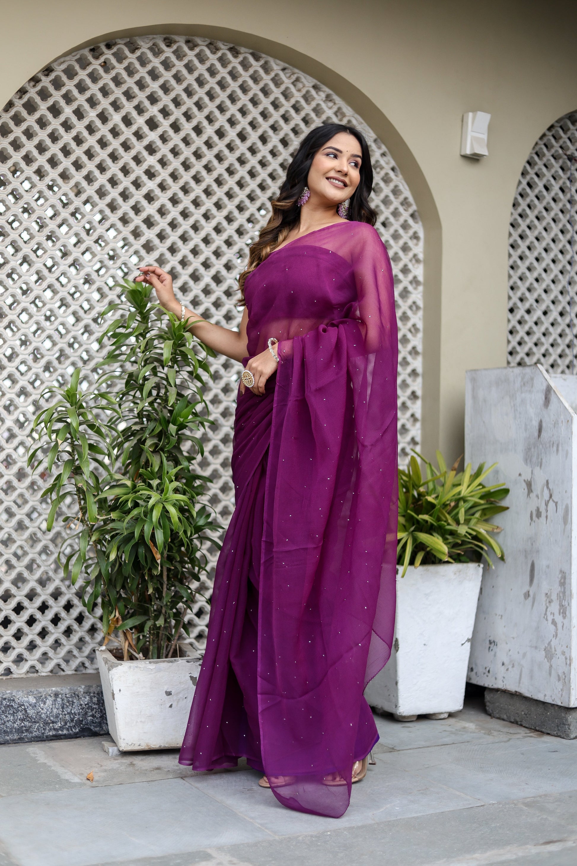 Radiant Purple Chiffon Mukaish Saree Geometric Handwork