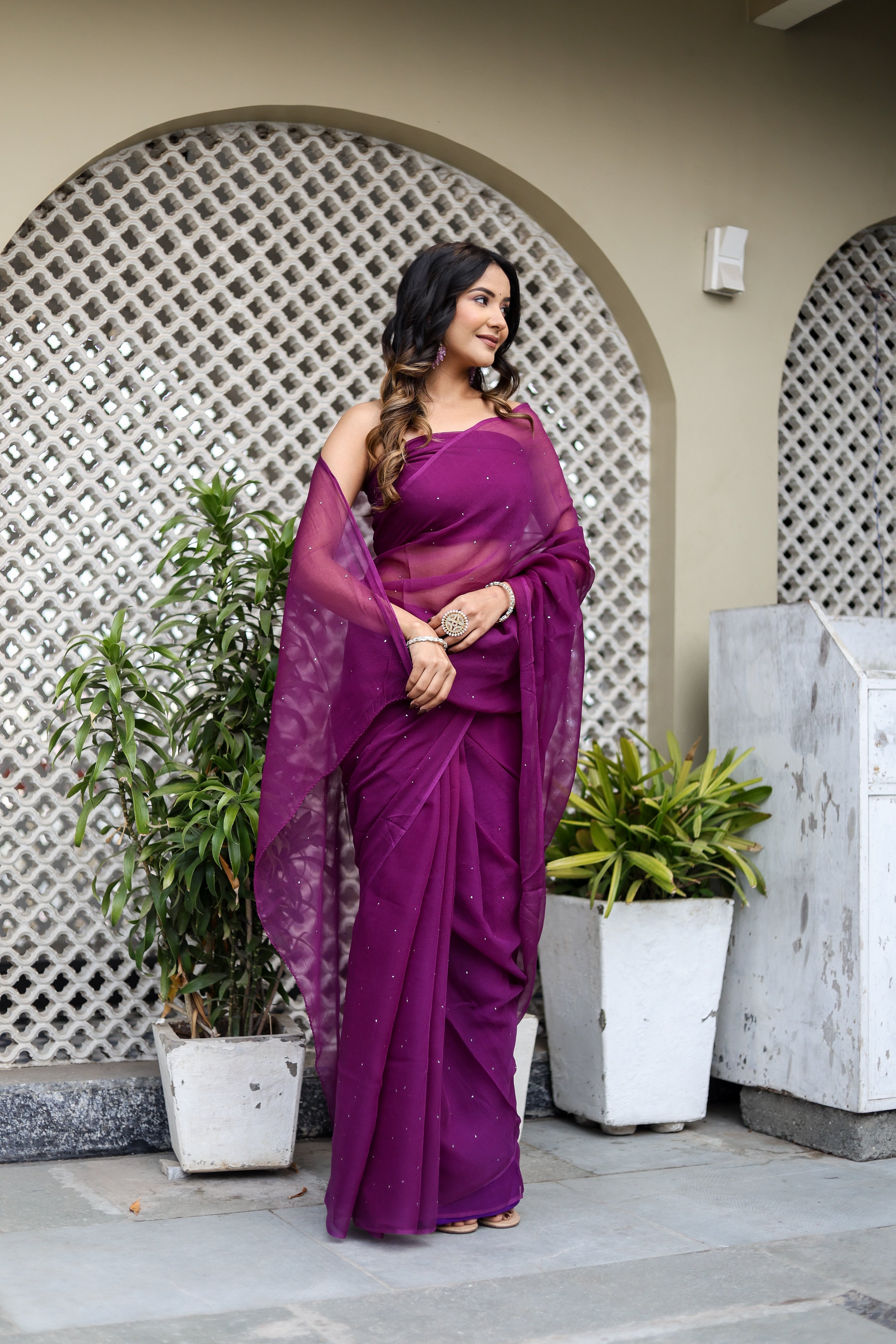 Radiant Purple Chiffon Mukaish Saree Geometric Handwork