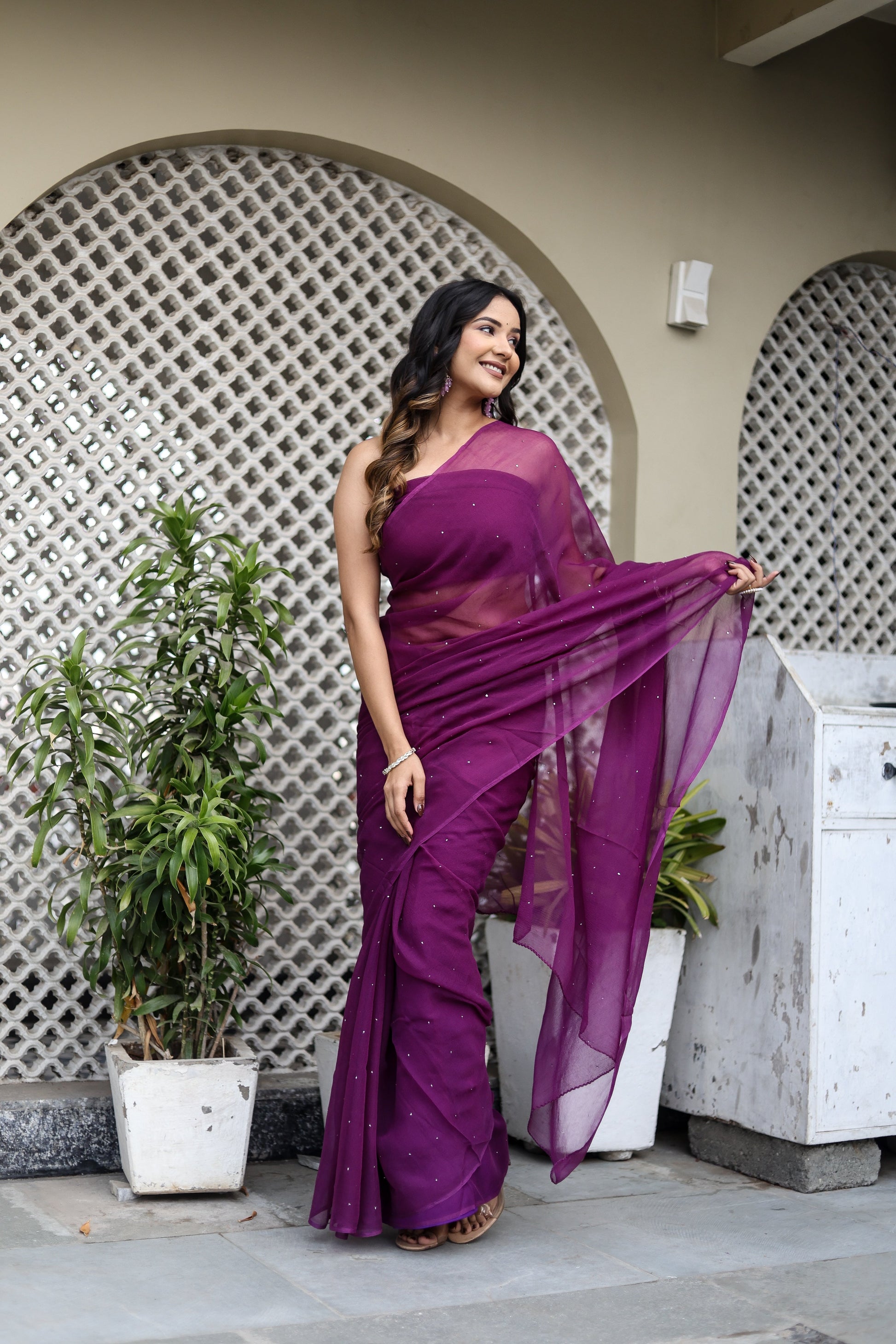Radiant Purple Chiffon Mukaish Saree Geometric Handwork