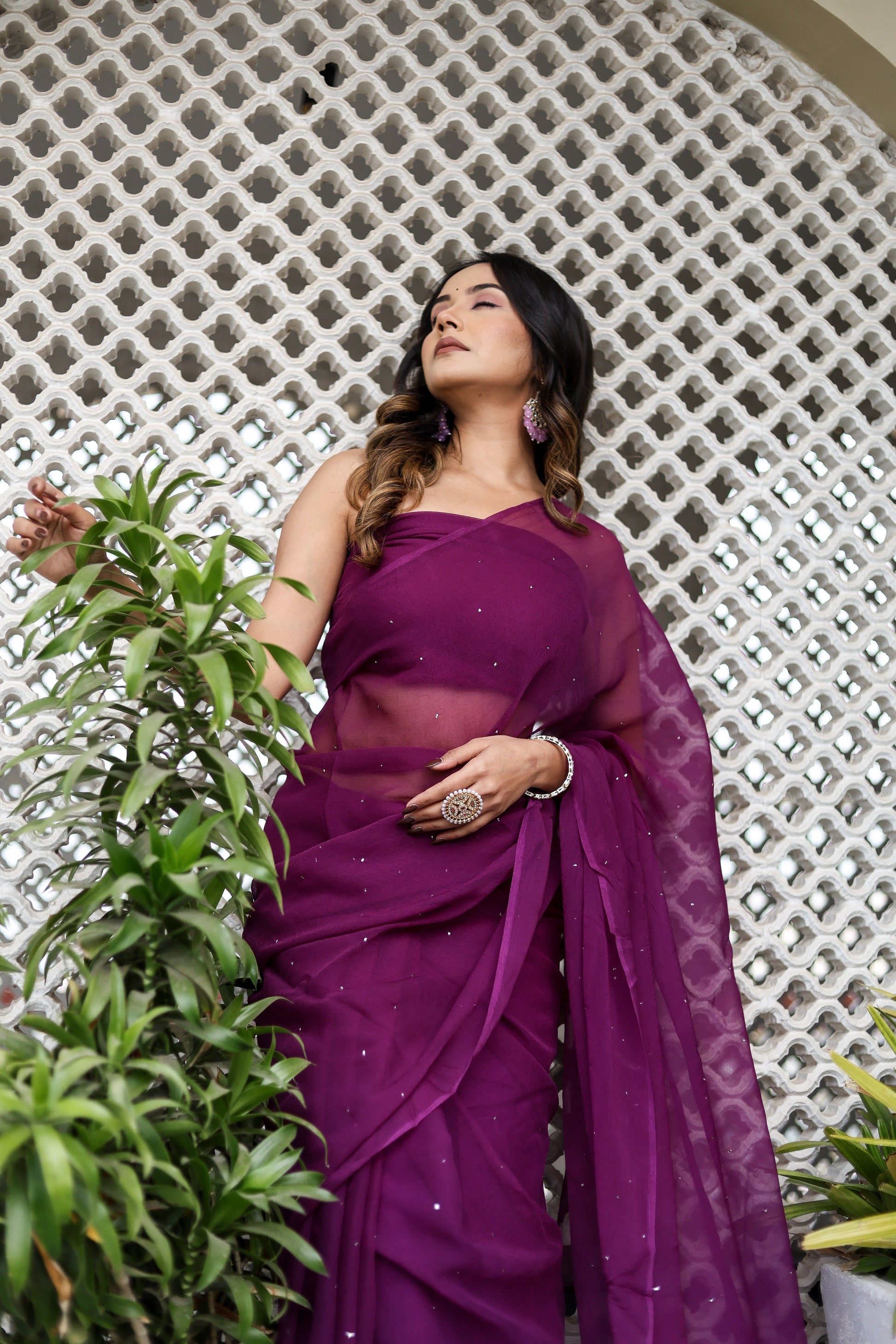 Radiant Purple Chiffon Mukaish Saree Geometric Handwork