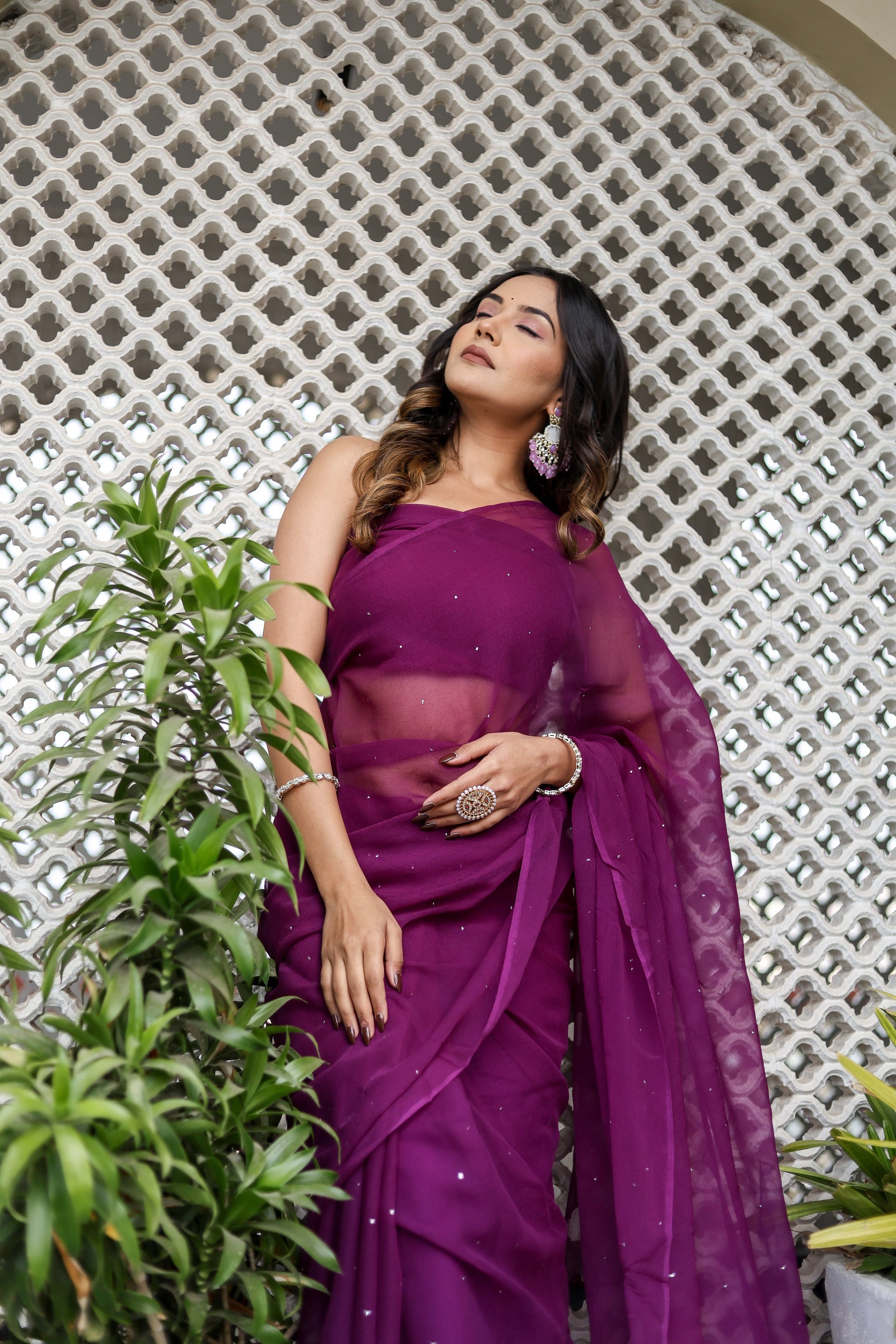 Radiant Purple Chiffon Mukaish Saree Geometric Handwork