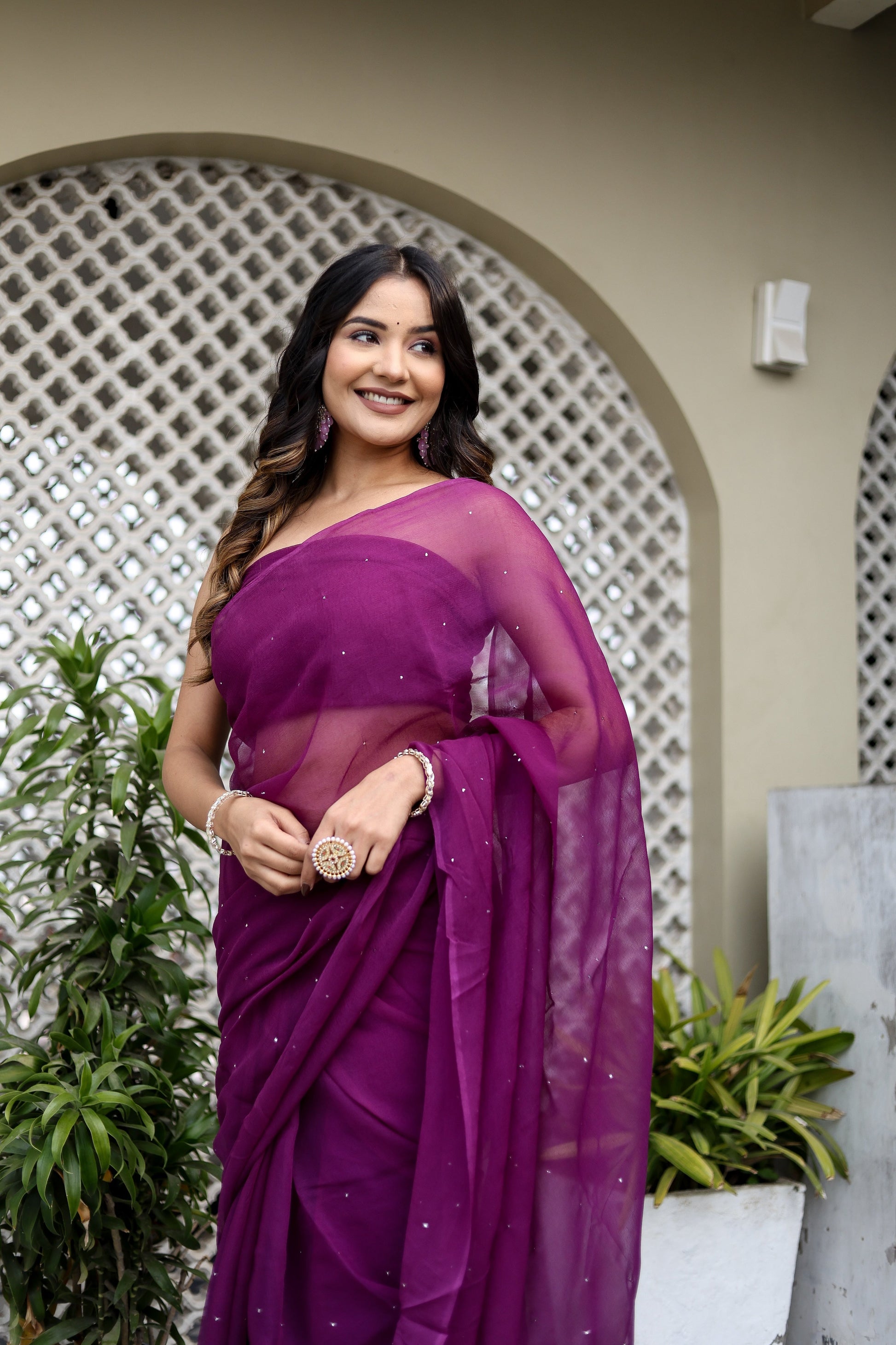 Radiant Purple Chiffon Mukaish Saree Geometric Handwork