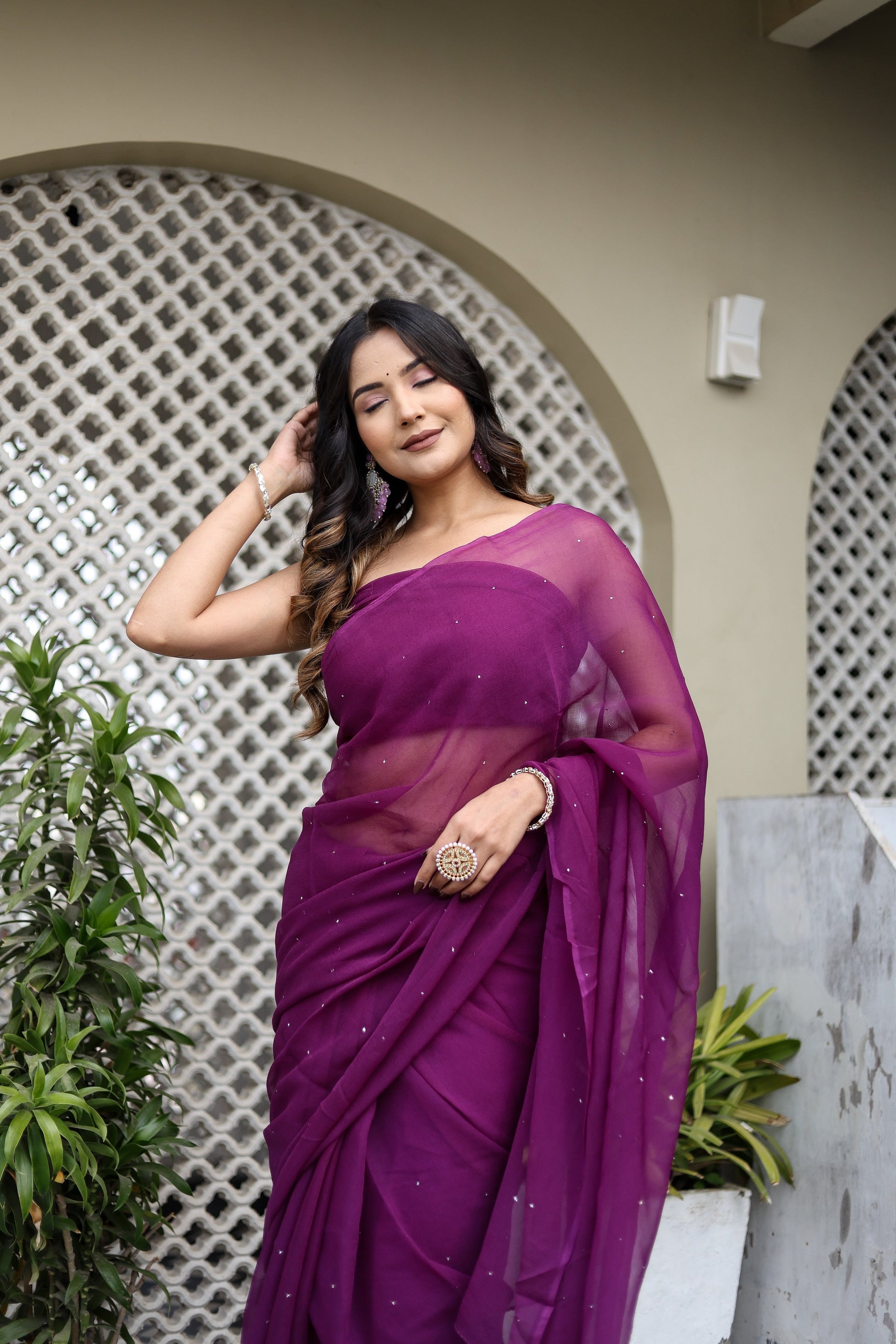 Radiant Purple Chiffon Mukaish Saree Geometric Handwork