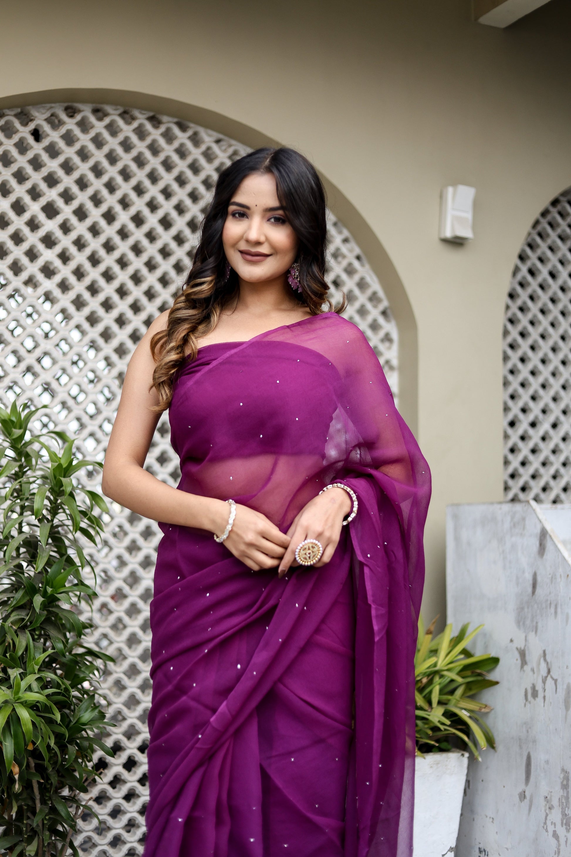 Radiant Purple Chiffon Mukaish Saree Geometric Handwork