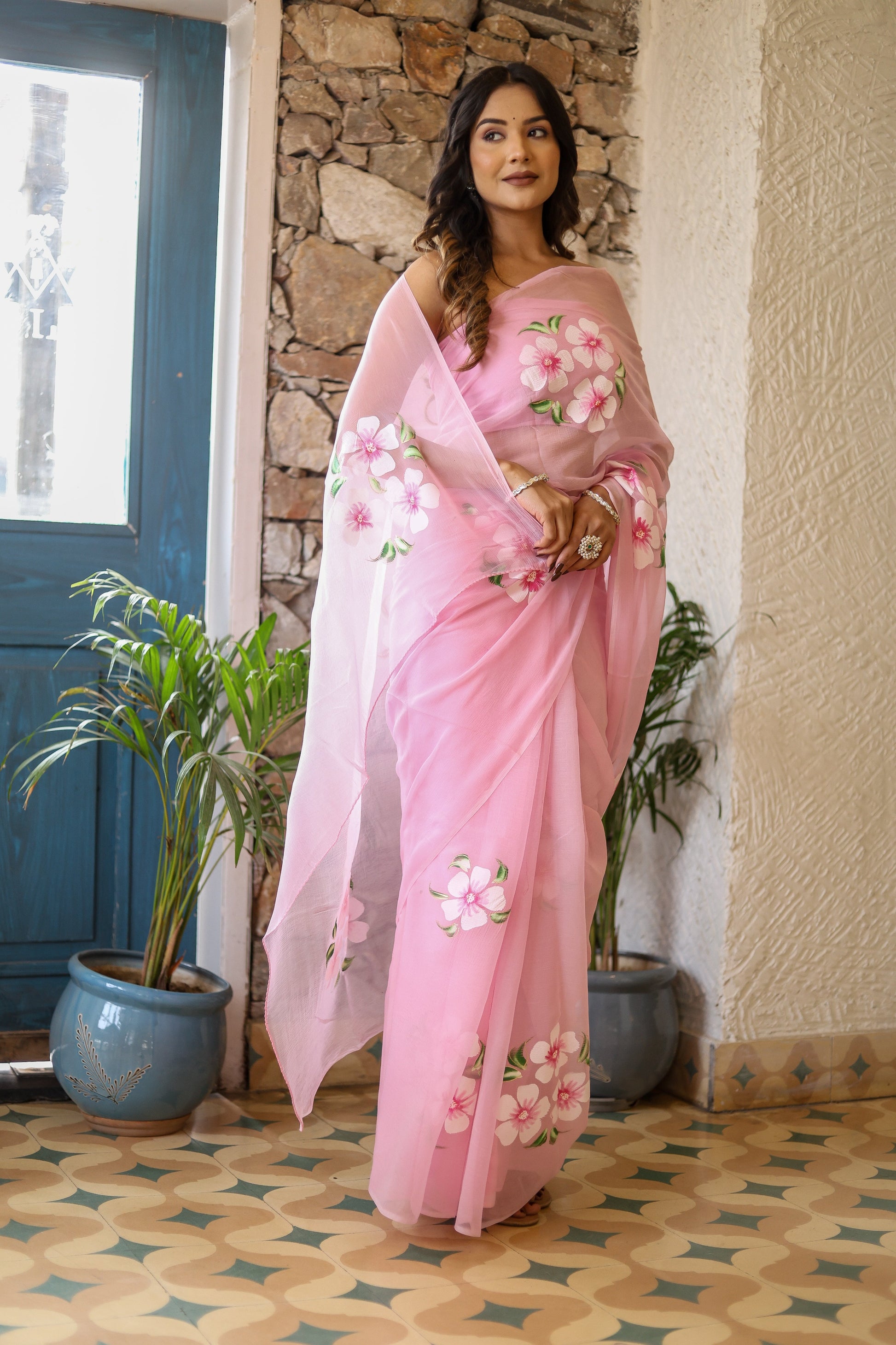 Delicate Pink Chiffon Handpainted Saree Floral Dawn Hues