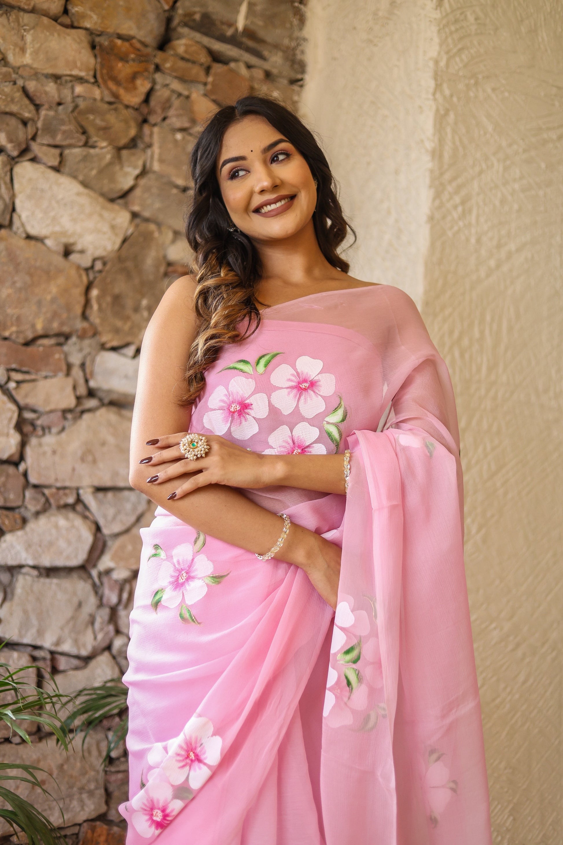 Delicate Pink Chiffon Handpainted Saree Floral Dawn Hues