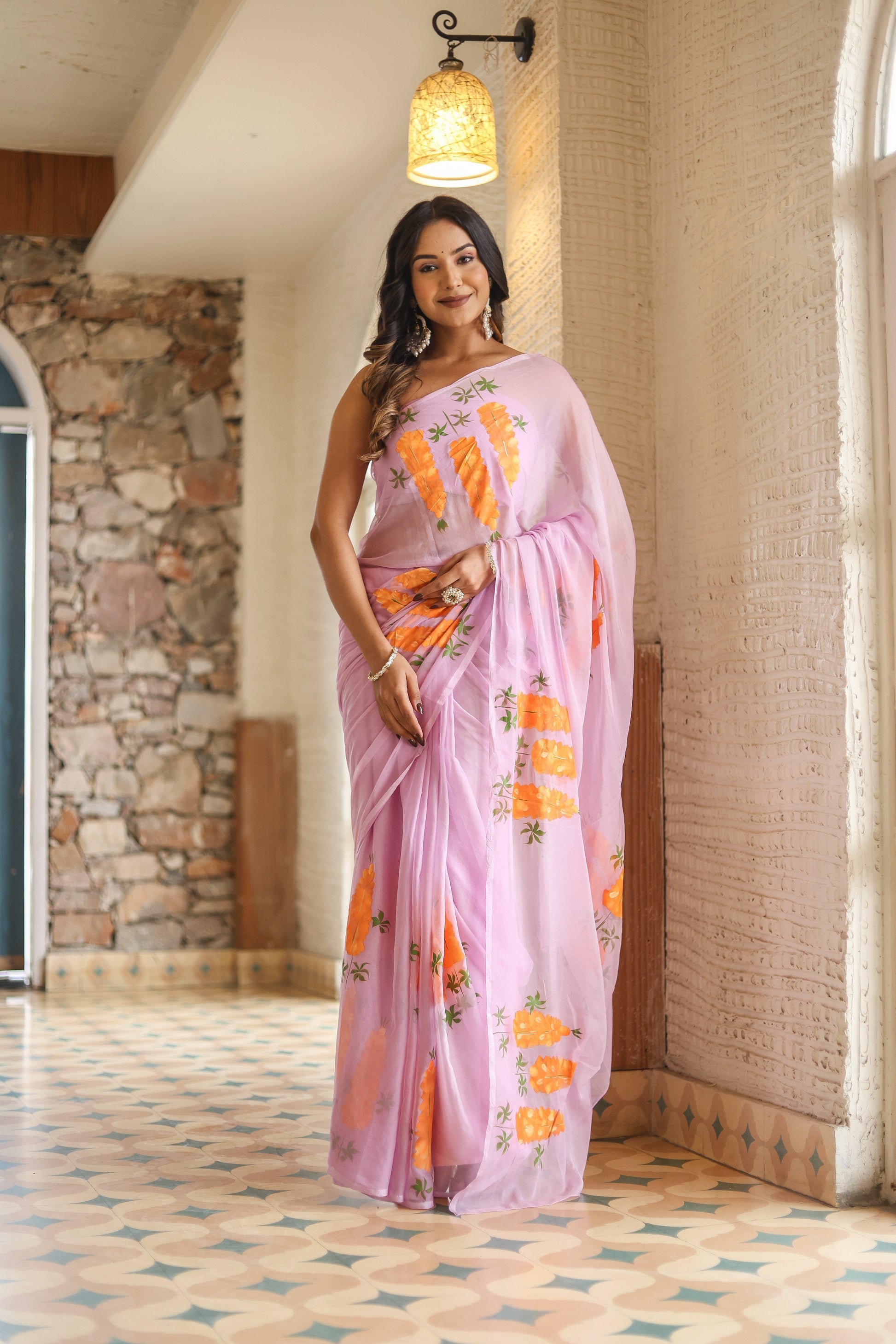 Innocent Pink Chiffon Handpainted Saree Floral