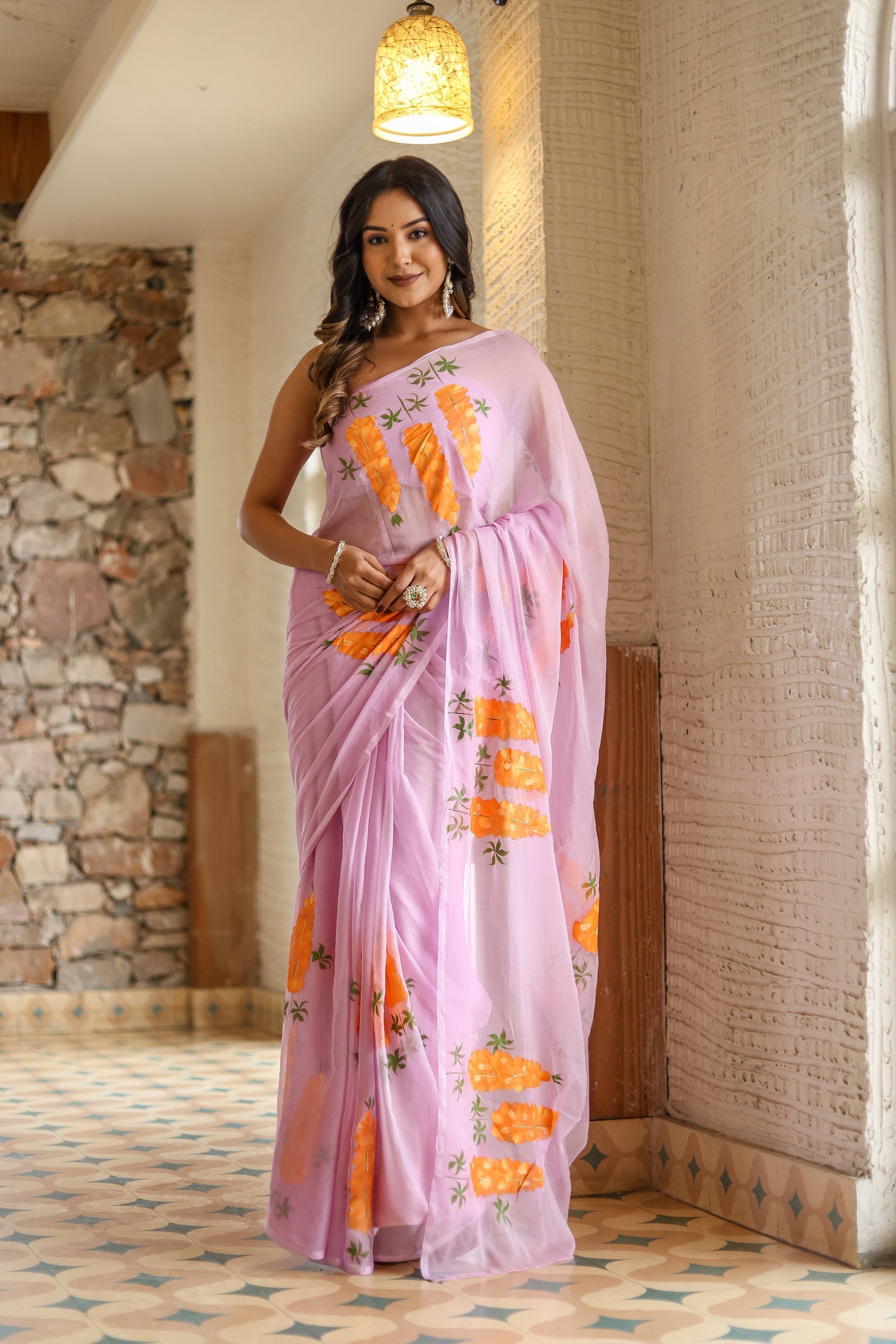Innocent Pink Chiffon Handpainted Saree Floral