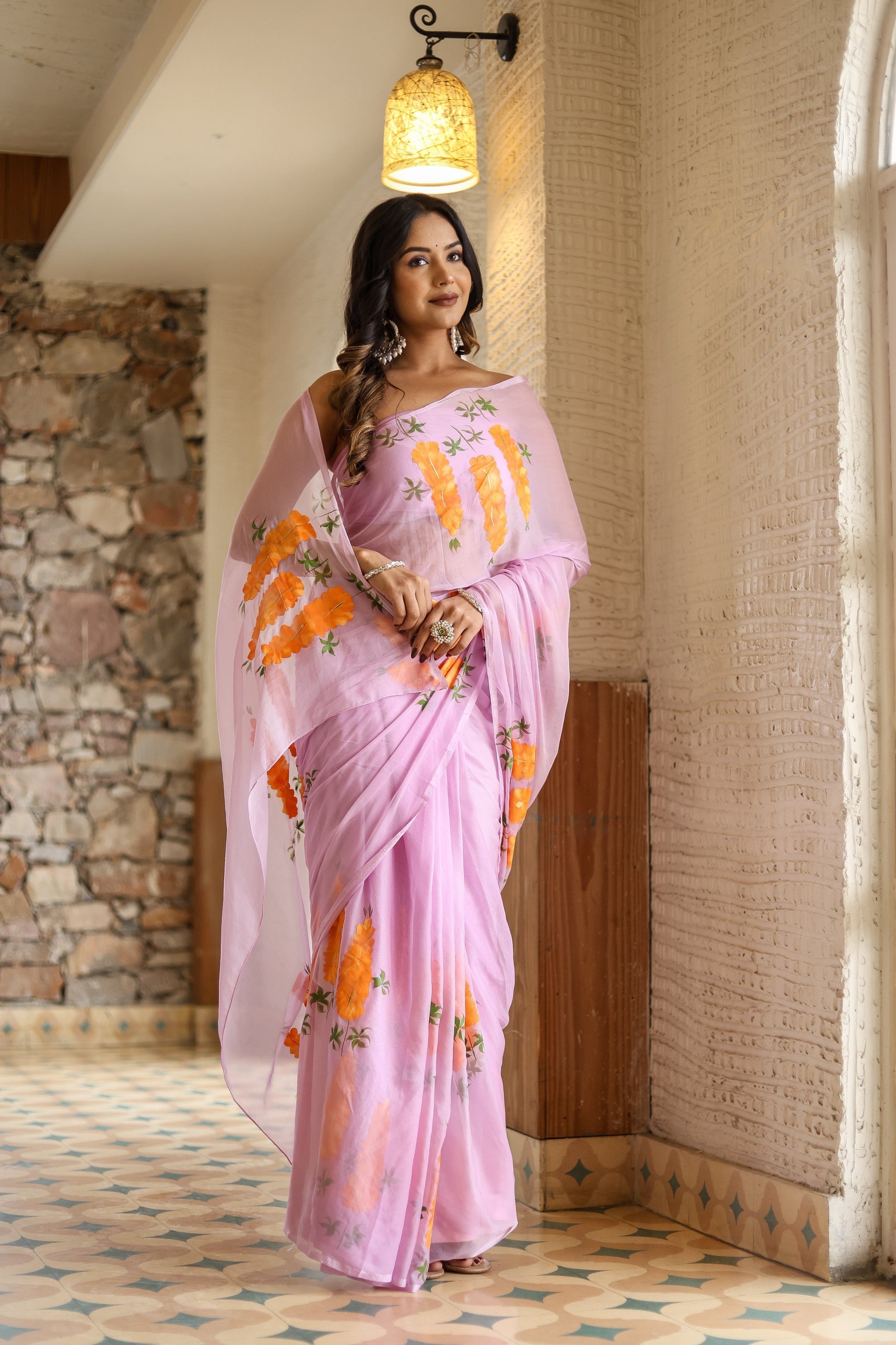 Innocent Pink Chiffon Handpainted Saree Floral