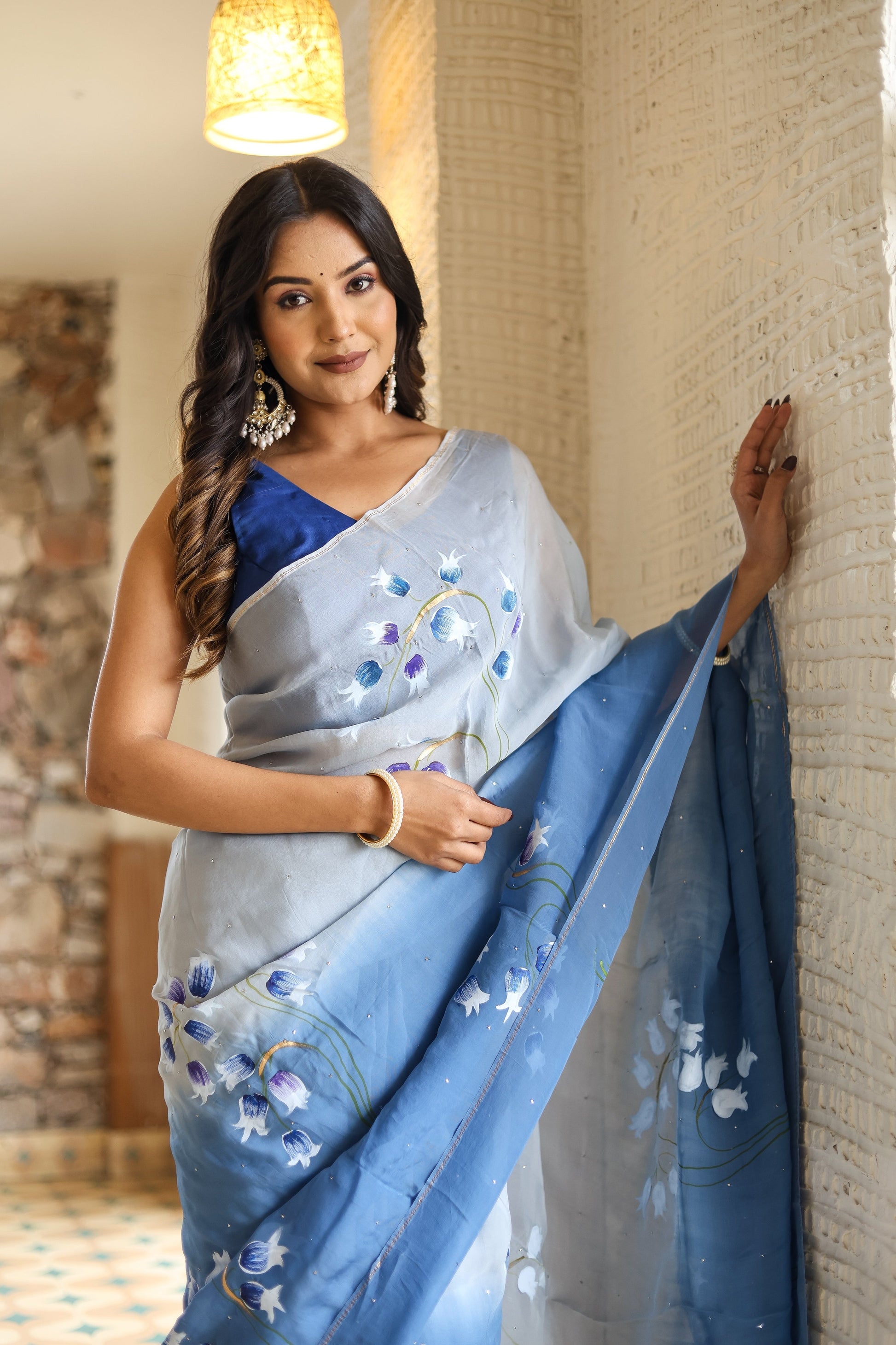 Elegant Blue Shaded Viscose Organza Handpainted Saree Floral Mukaish