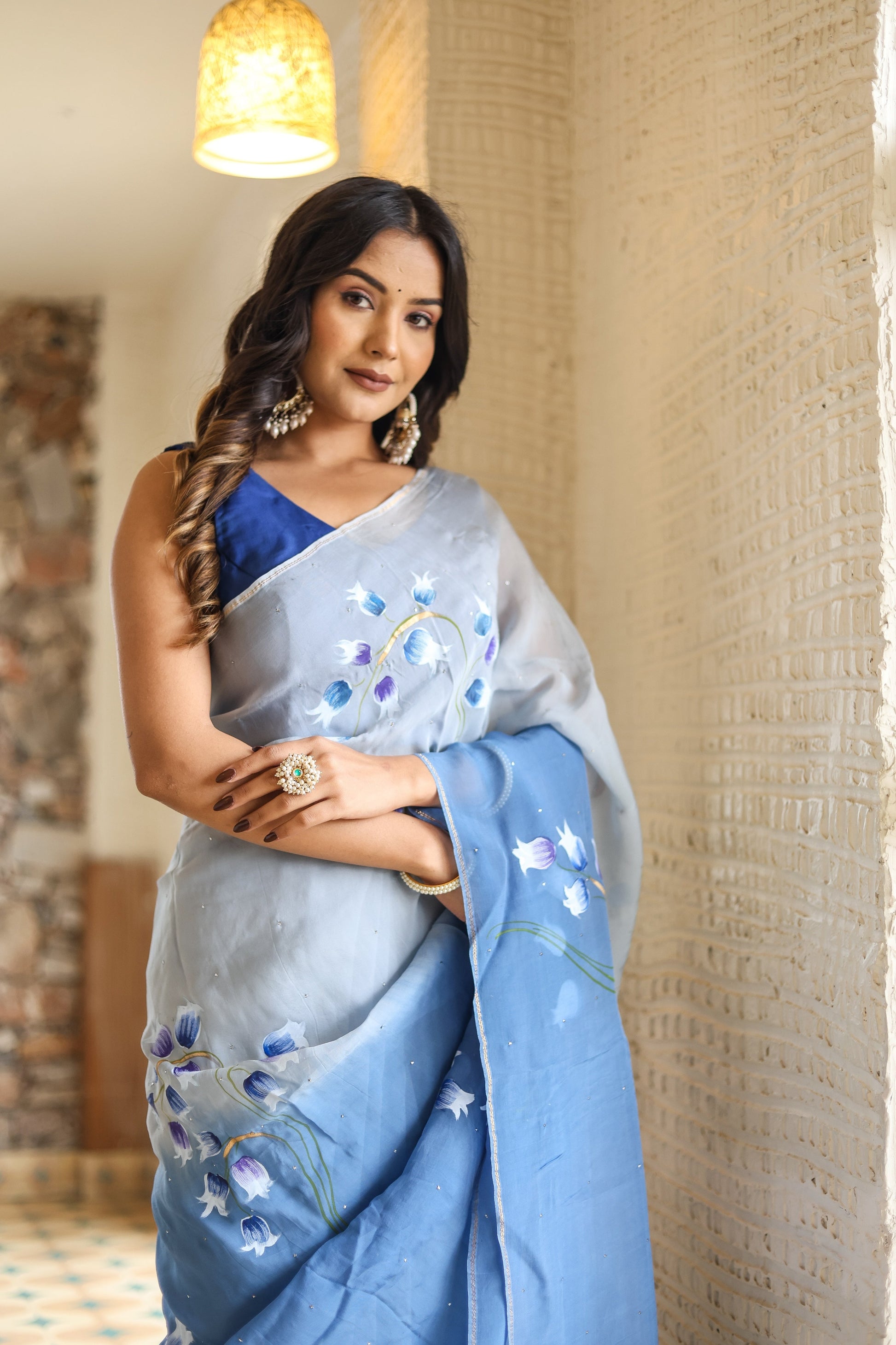 Elegant Blue Shaded Viscose Organza Handpainted Saree Floral Mukaish