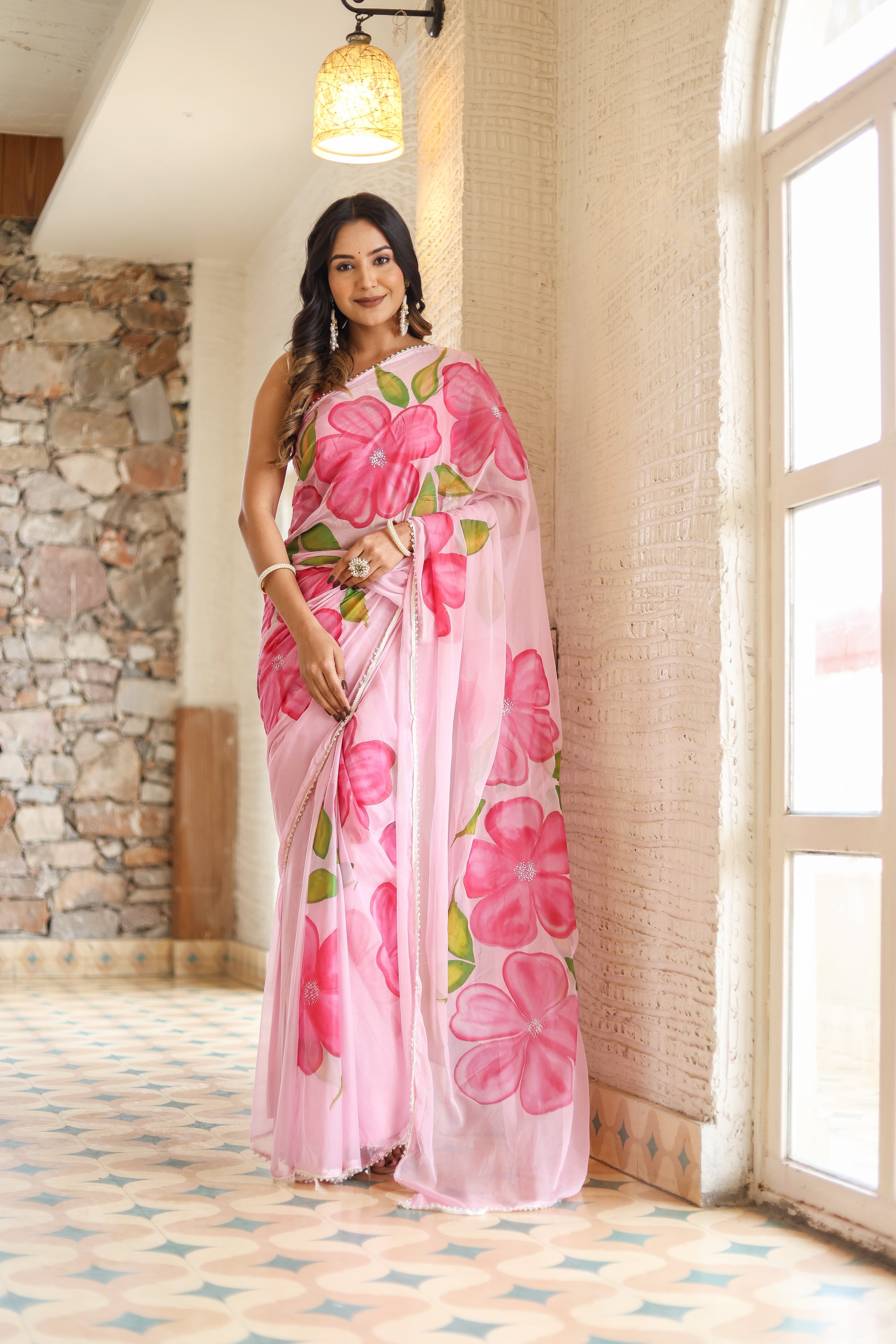 Feminine Pink Chiffon Handpainted Saree Floral