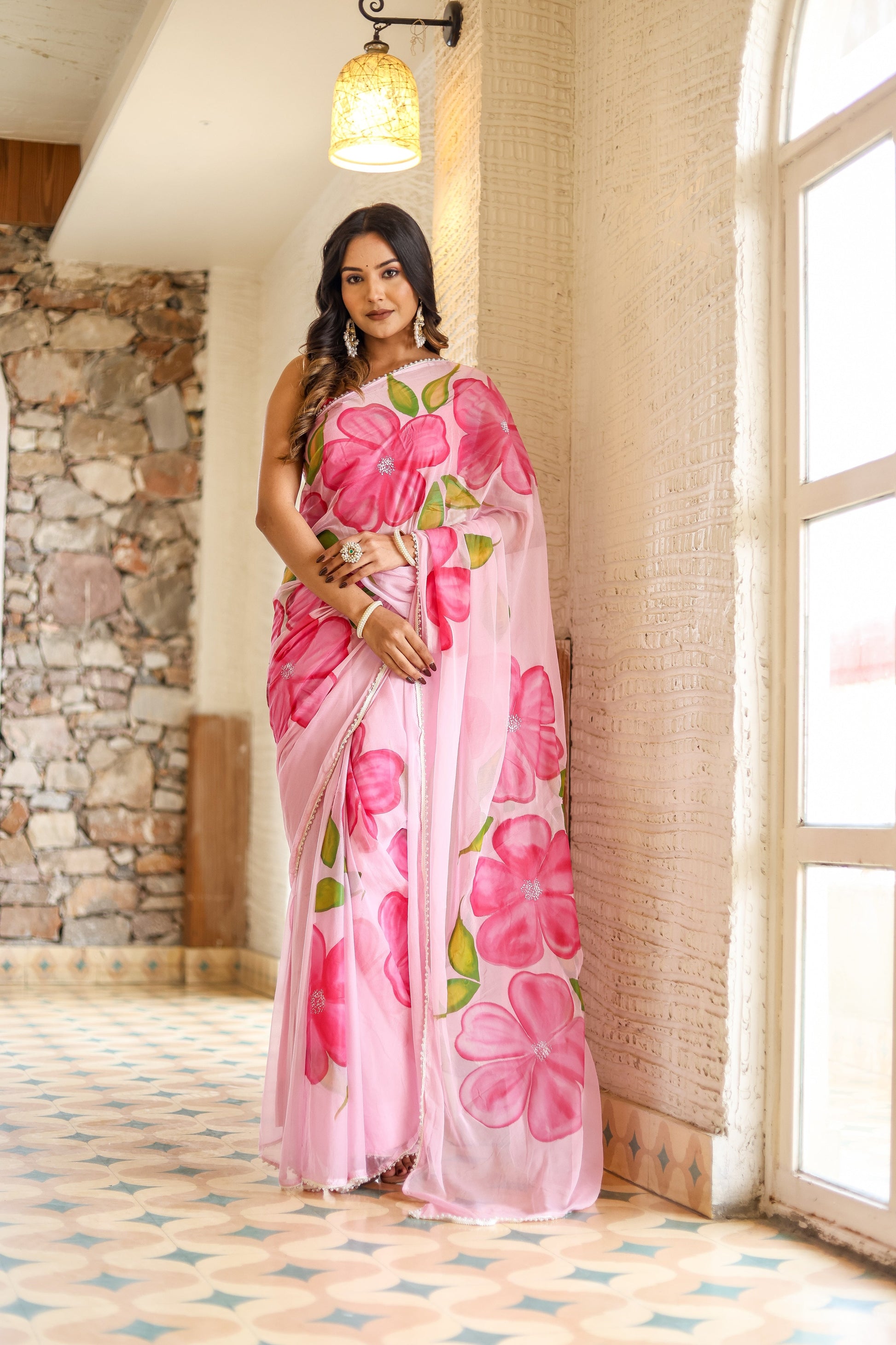Feminine Pink Chiffon Handpainted Saree Floral