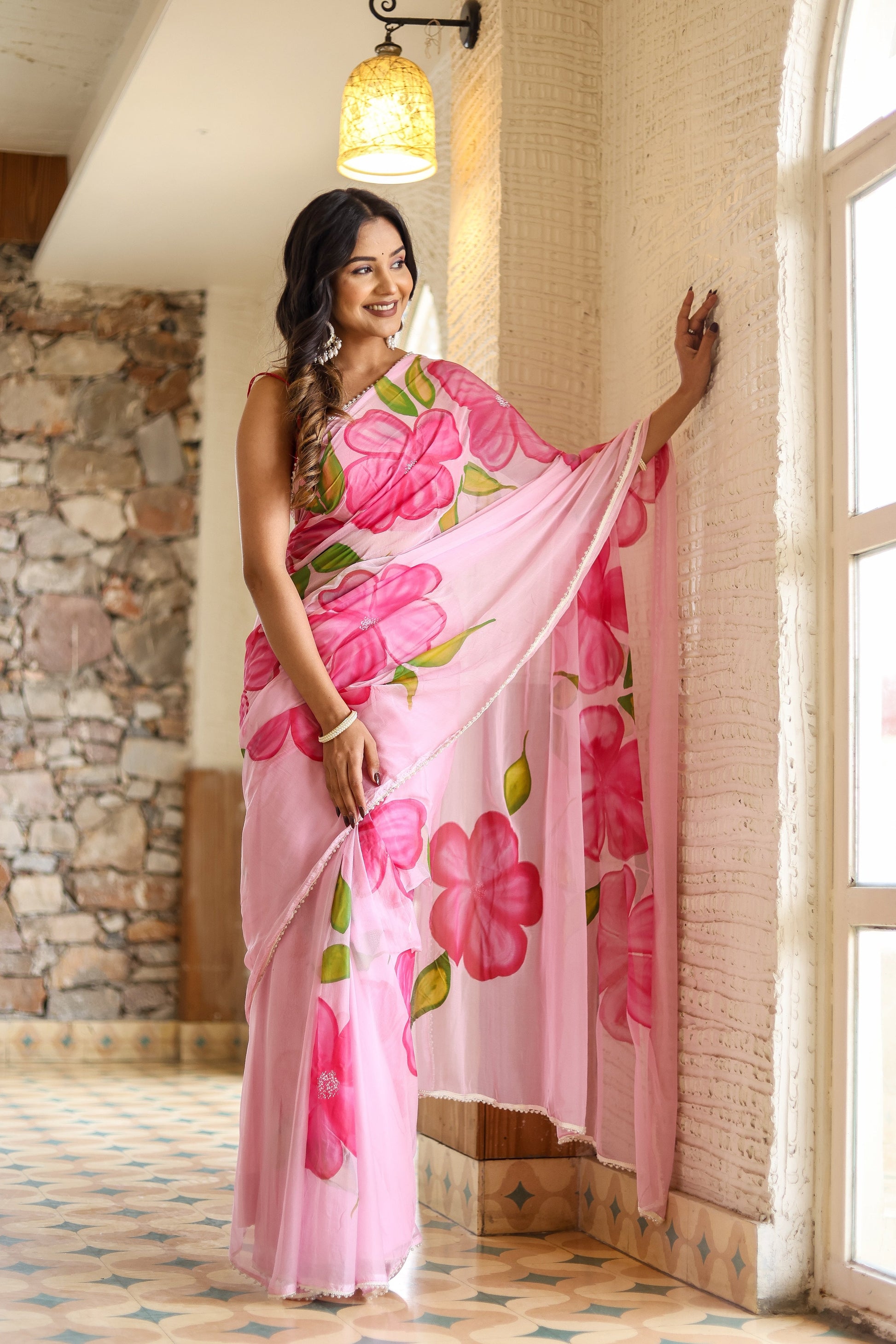 Feminine Pink Chiffon Handpainted Saree Floral