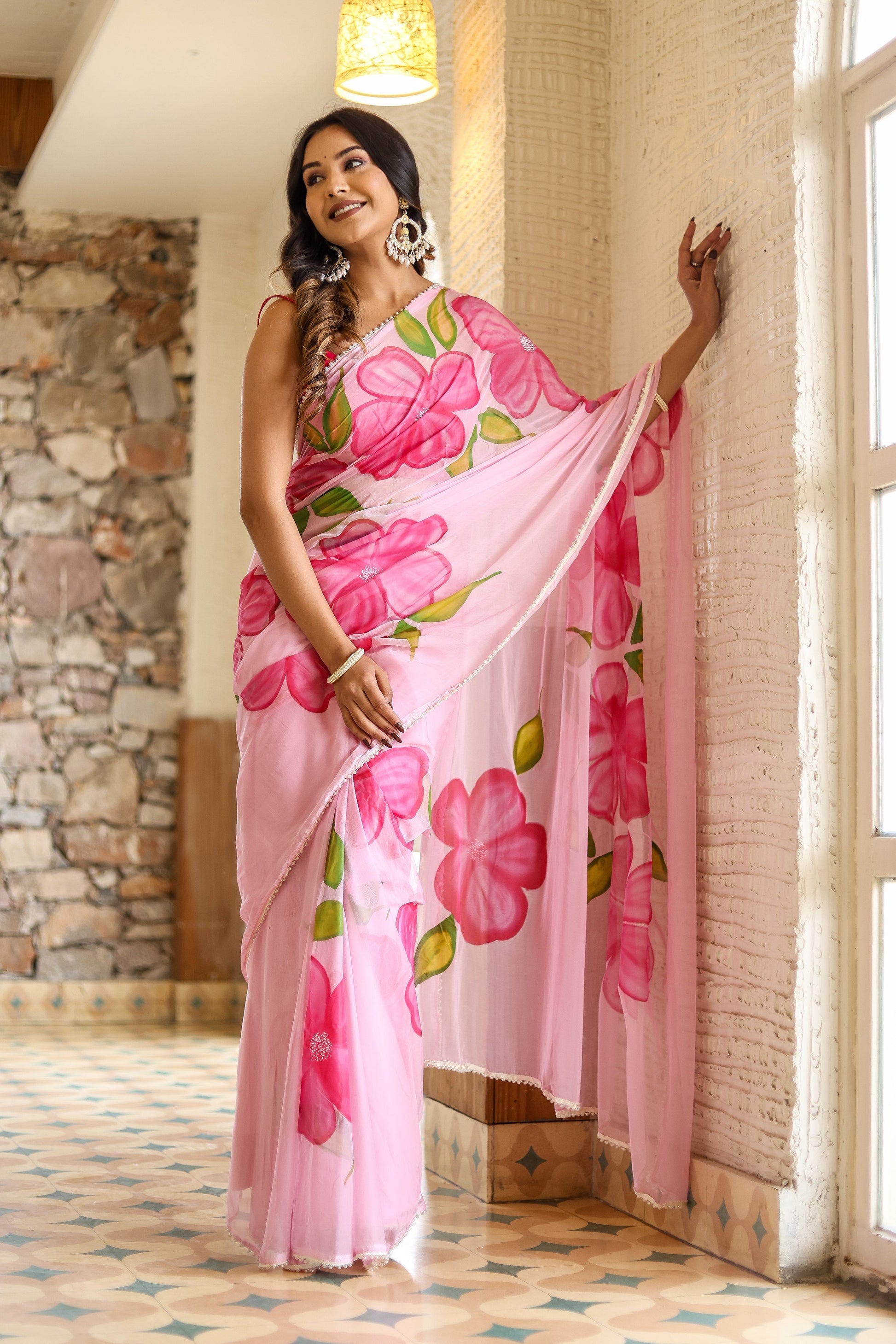Feminine Pink Chiffon Handpainted Saree Floral
