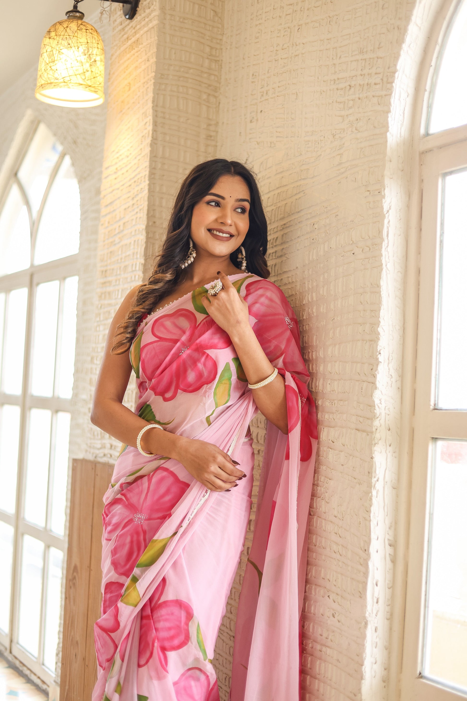 Feminine Pink Chiffon Handpainted Saree Floral