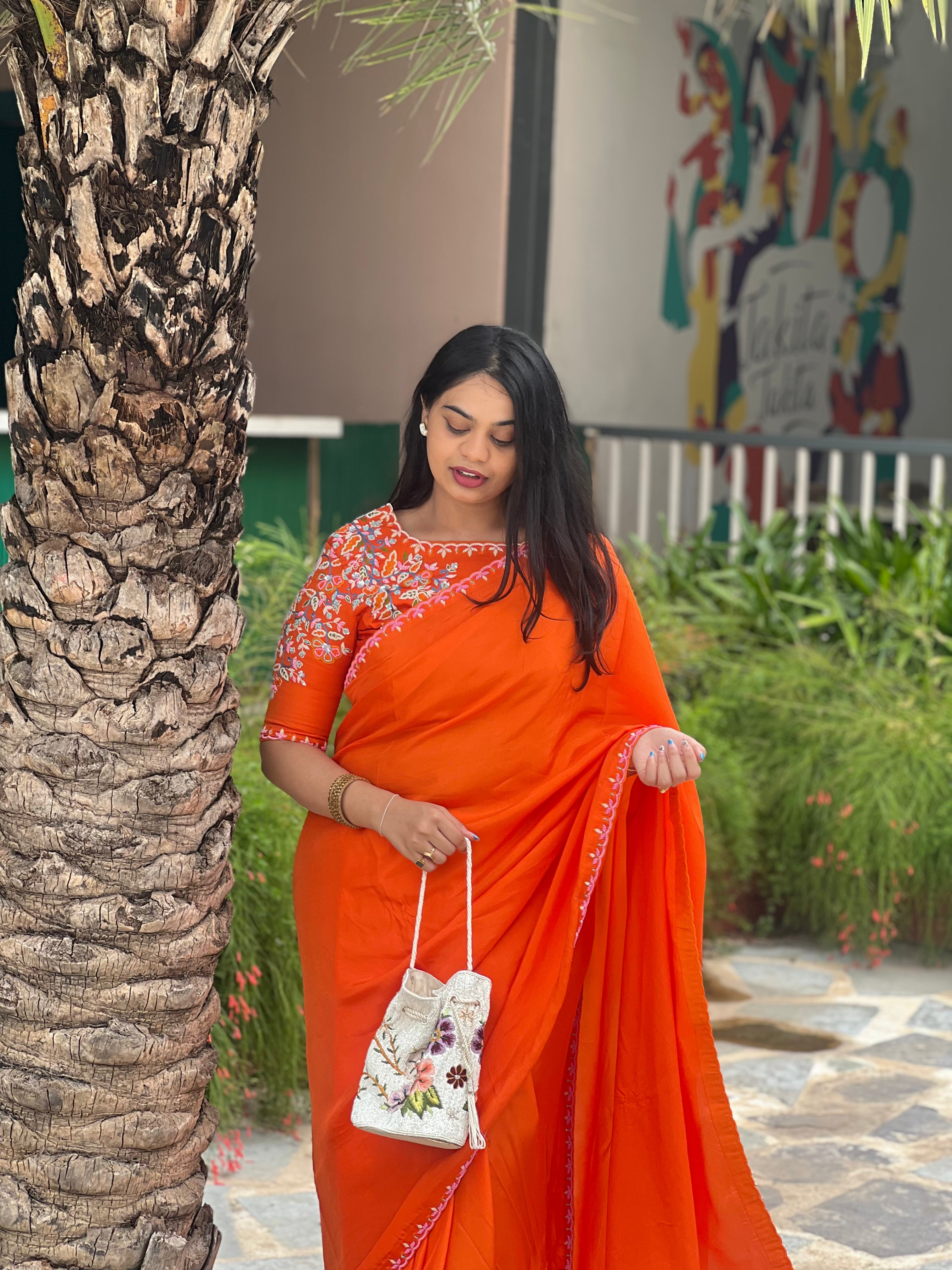 Orange Silk Saree Scallop Border Pearl Work Colorful Pearl Blouse