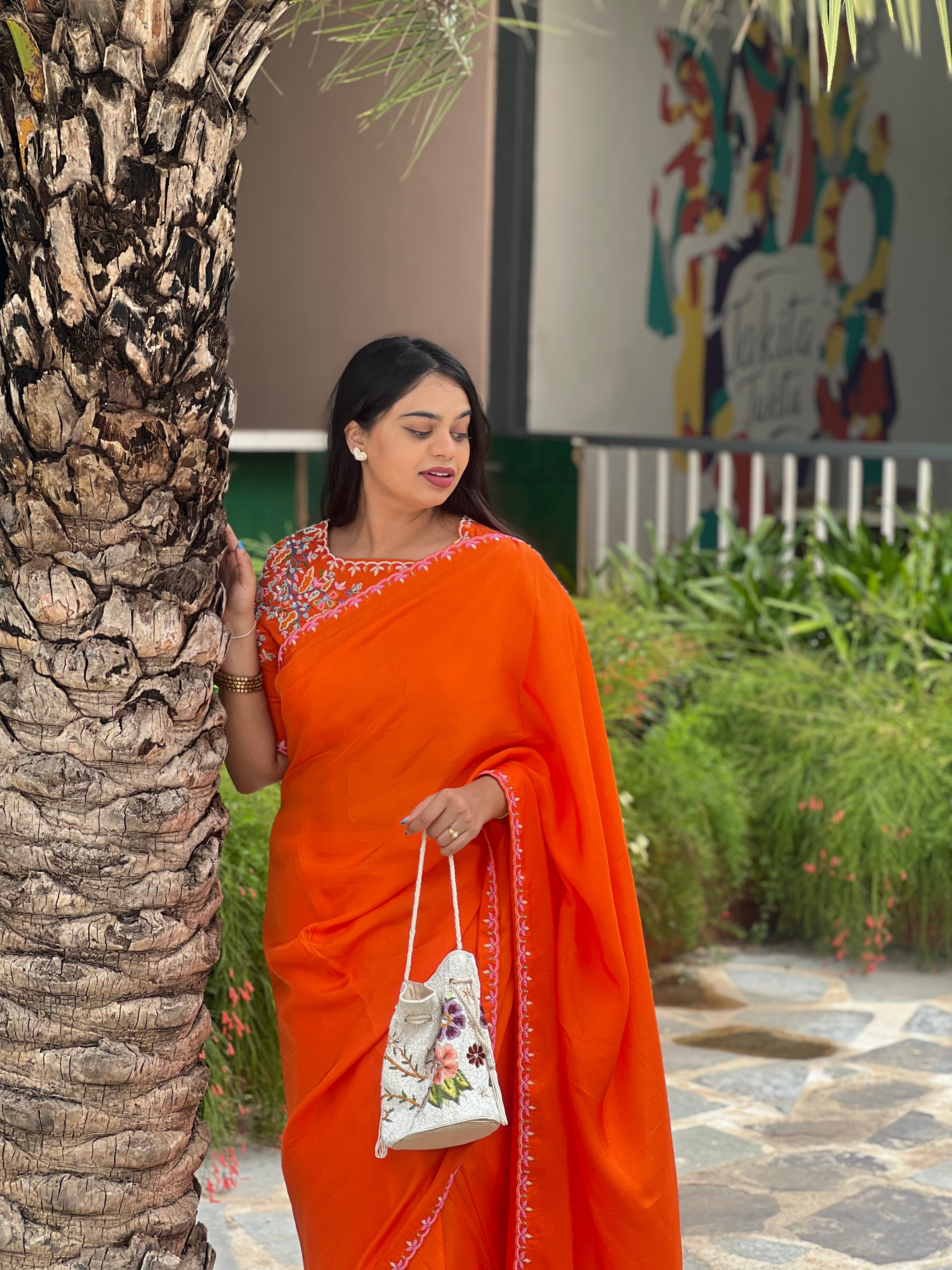 Orange Silk Saree Scallop Border Pearl Work Colorful Pearl Blouse
