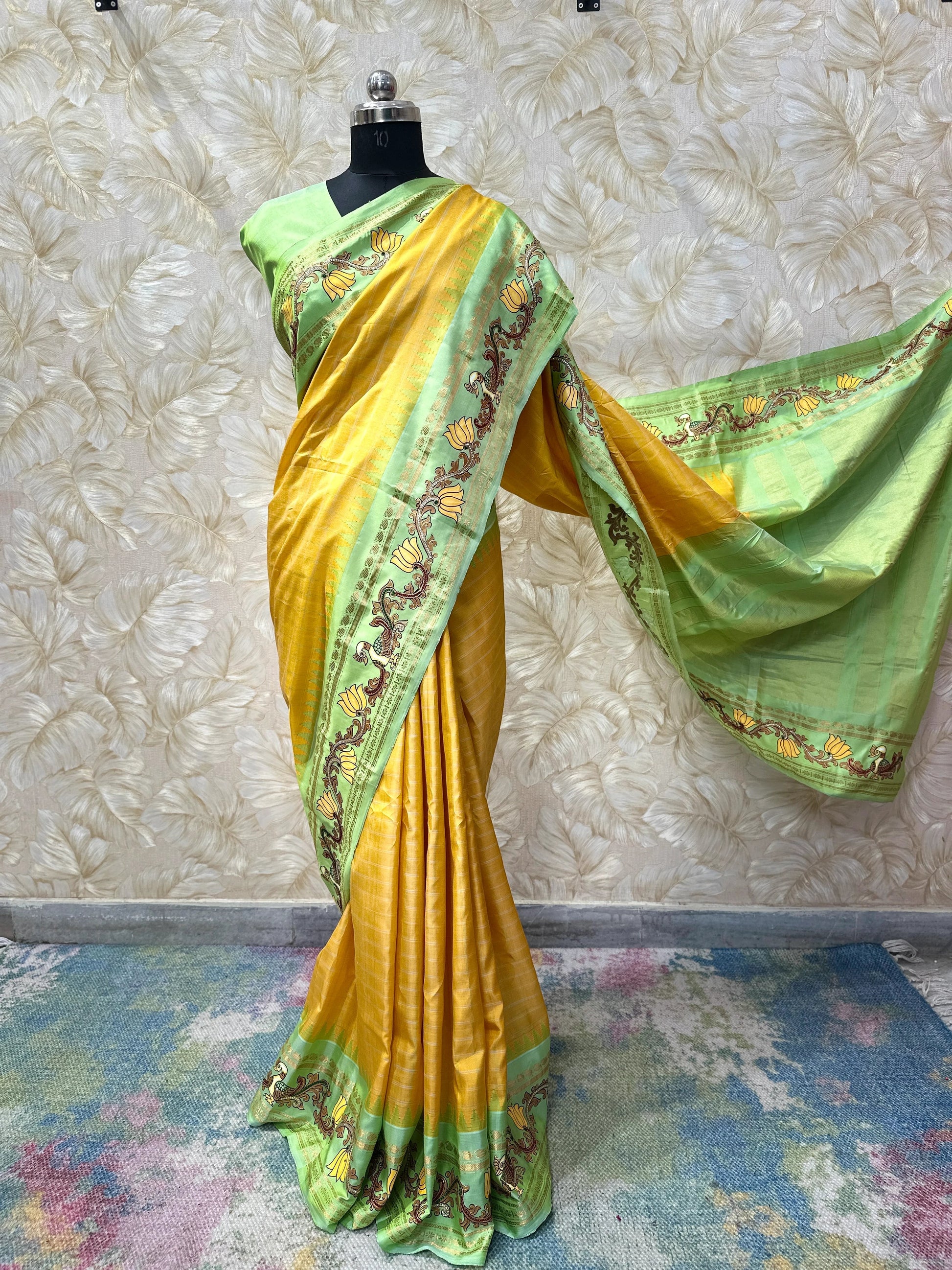 Radiant Yellow Gadwal Silk Tanjore Zari Embroidery Saree