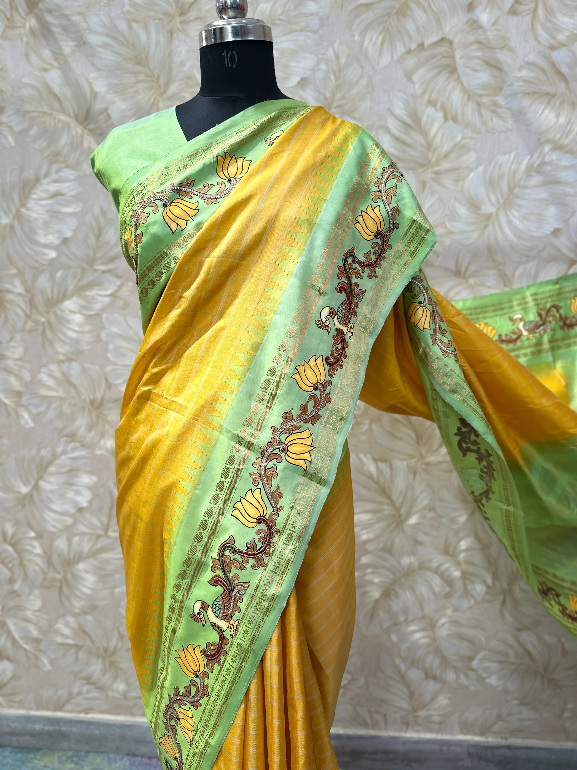Radiant Yellow Gadwal Silk Tanjore Zari Embroidery Saree