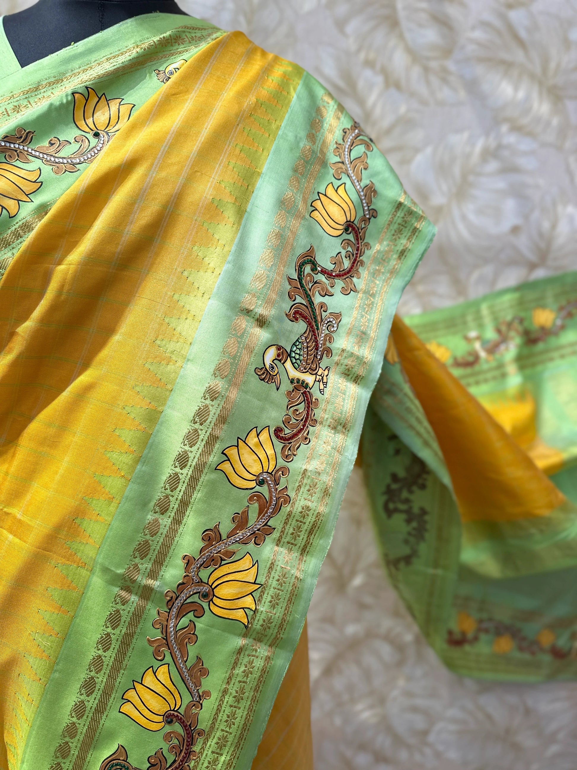 Radiant Yellow Gadwal Silk Tanjore Zari Embroidery Saree