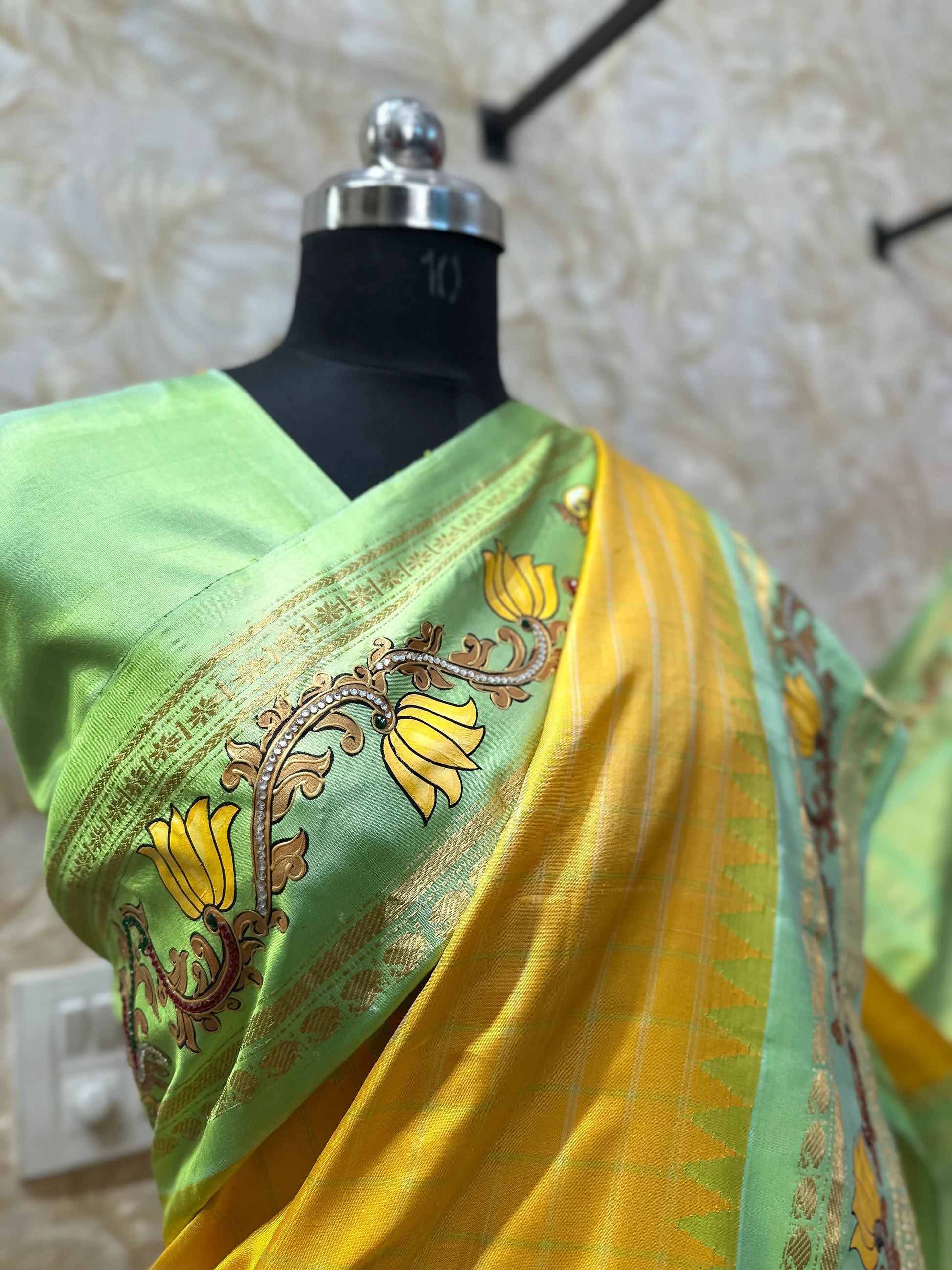 Radiant Yellow Gadwal Silk Tanjore Zari Embroidery Saree