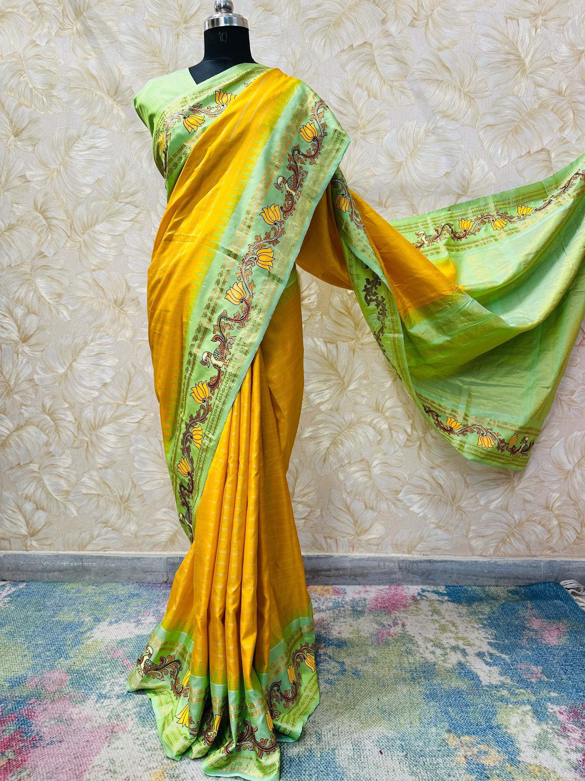 Radiant Yellow Gadwal Silk Tanjore Zari Embroidery Saree