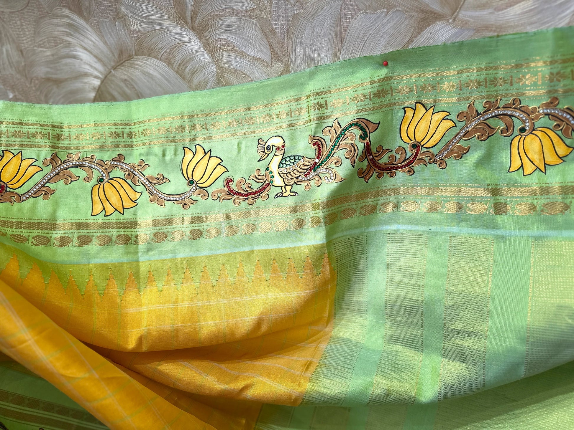 Radiant Yellow Gadwal Silk Tanjore Zari Embroidery Saree