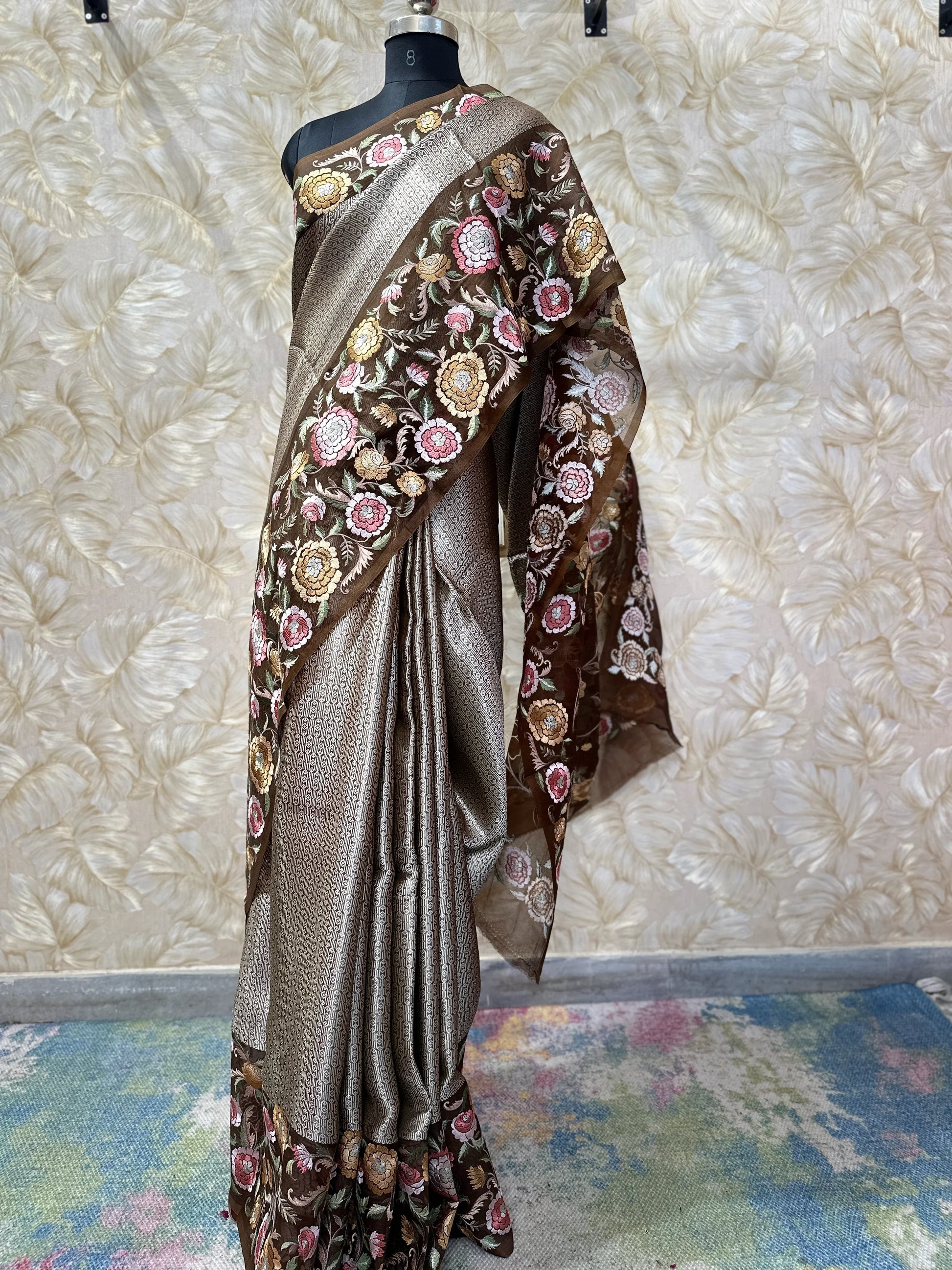 Elegant Brown Mocha Tissue Organza Banaras Saree Resham Embroidery