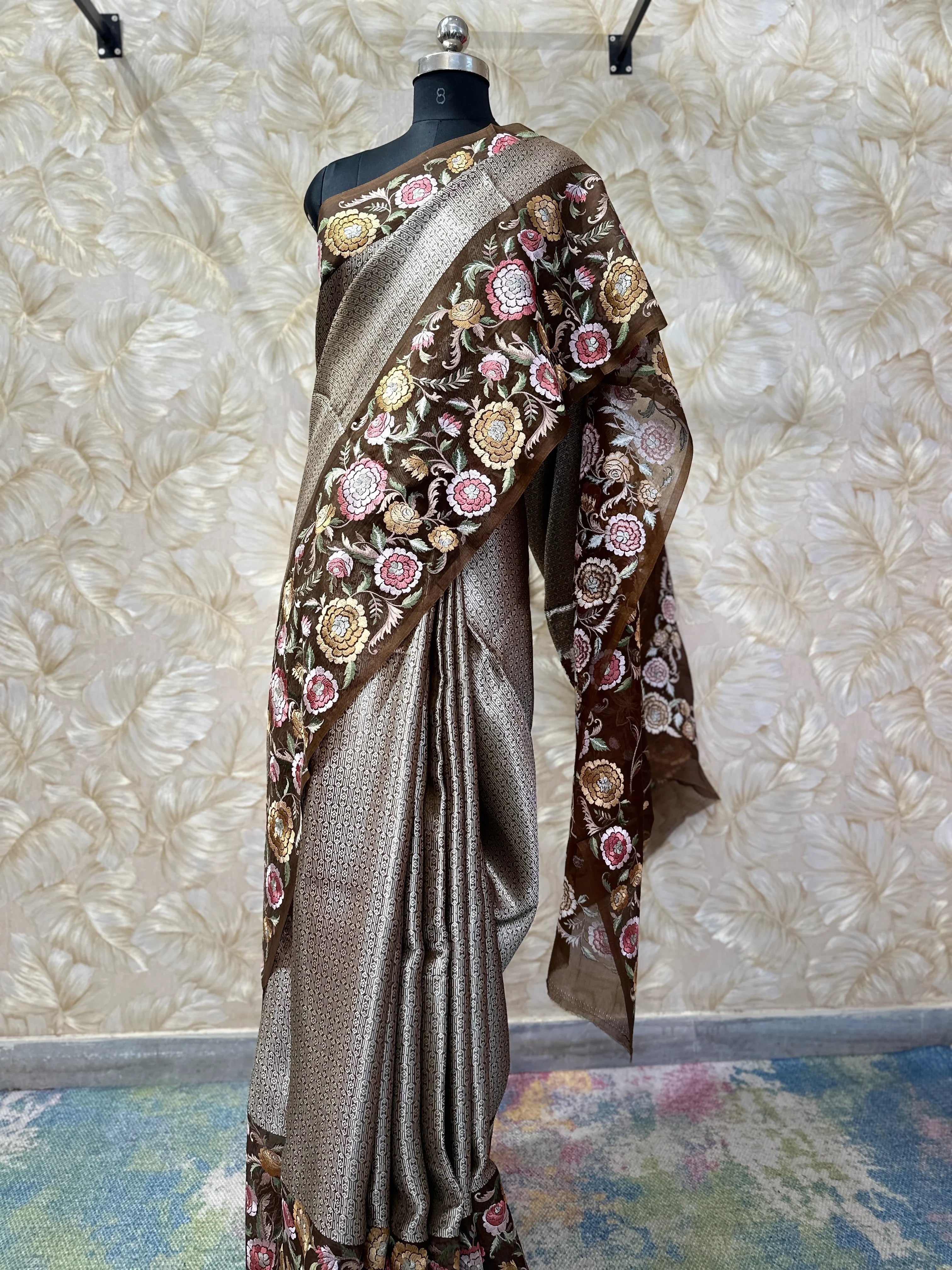 Elegant Brown Mocha Tissue Organza Banaras Saree Resham Embroidery