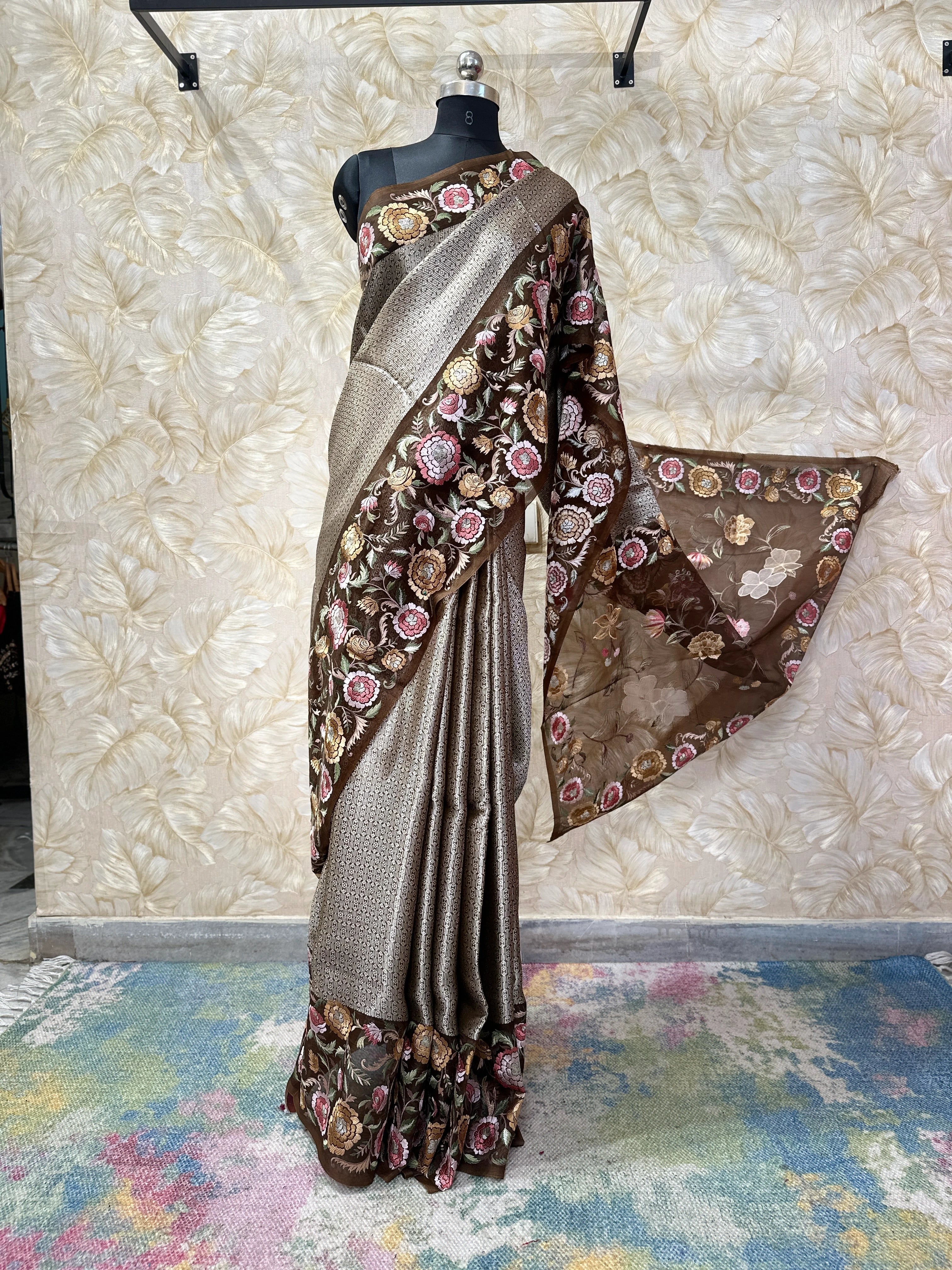 Elegant Brown Mocha Tissue Organza Banaras Saree Resham Embroidery