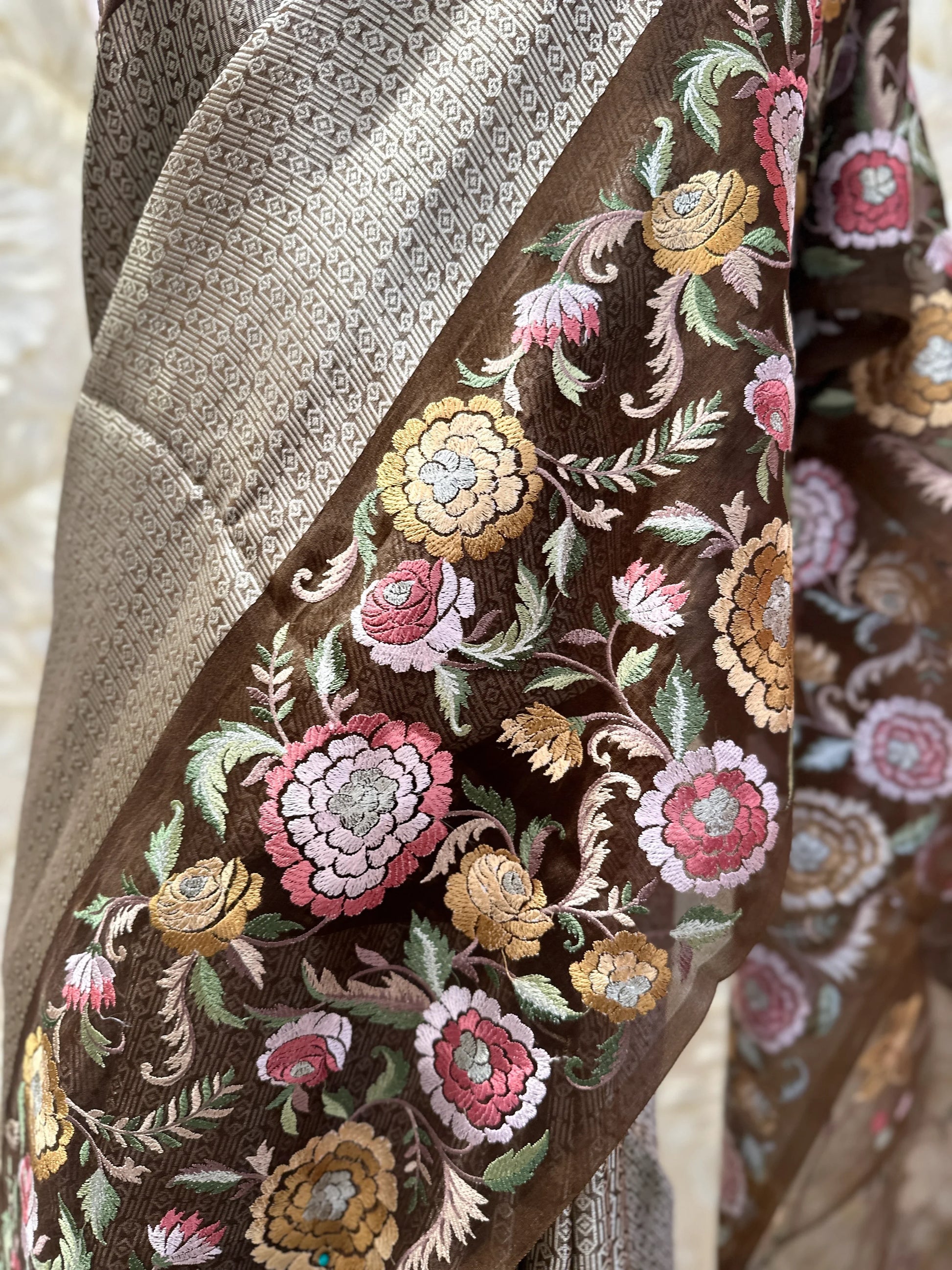 Elegant Brown Mocha Tissue Organza Banaras Saree Resham Embroidery