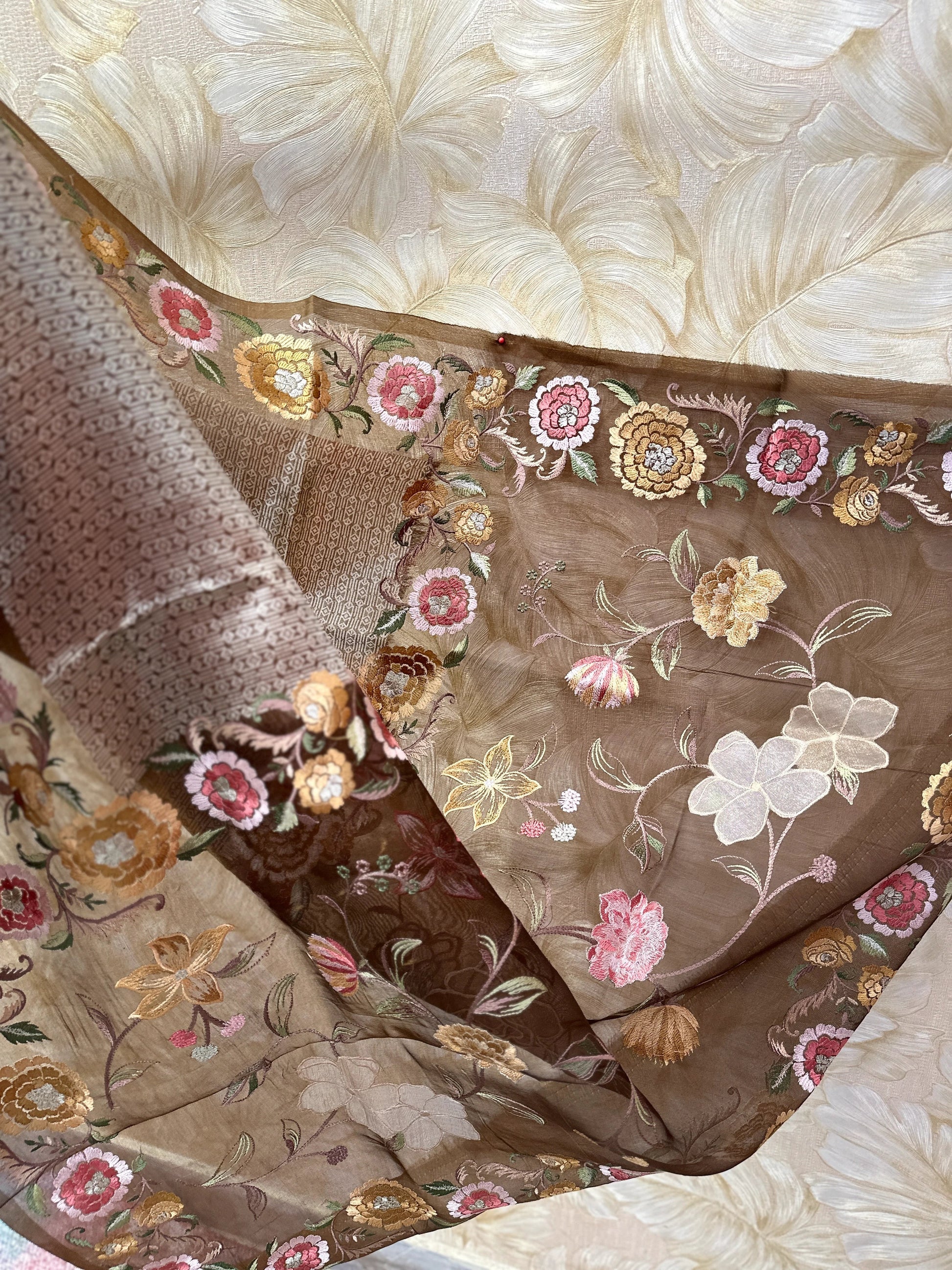 Elegant Brown Mocha Tissue Organza Banaras Saree Resham Embroidery