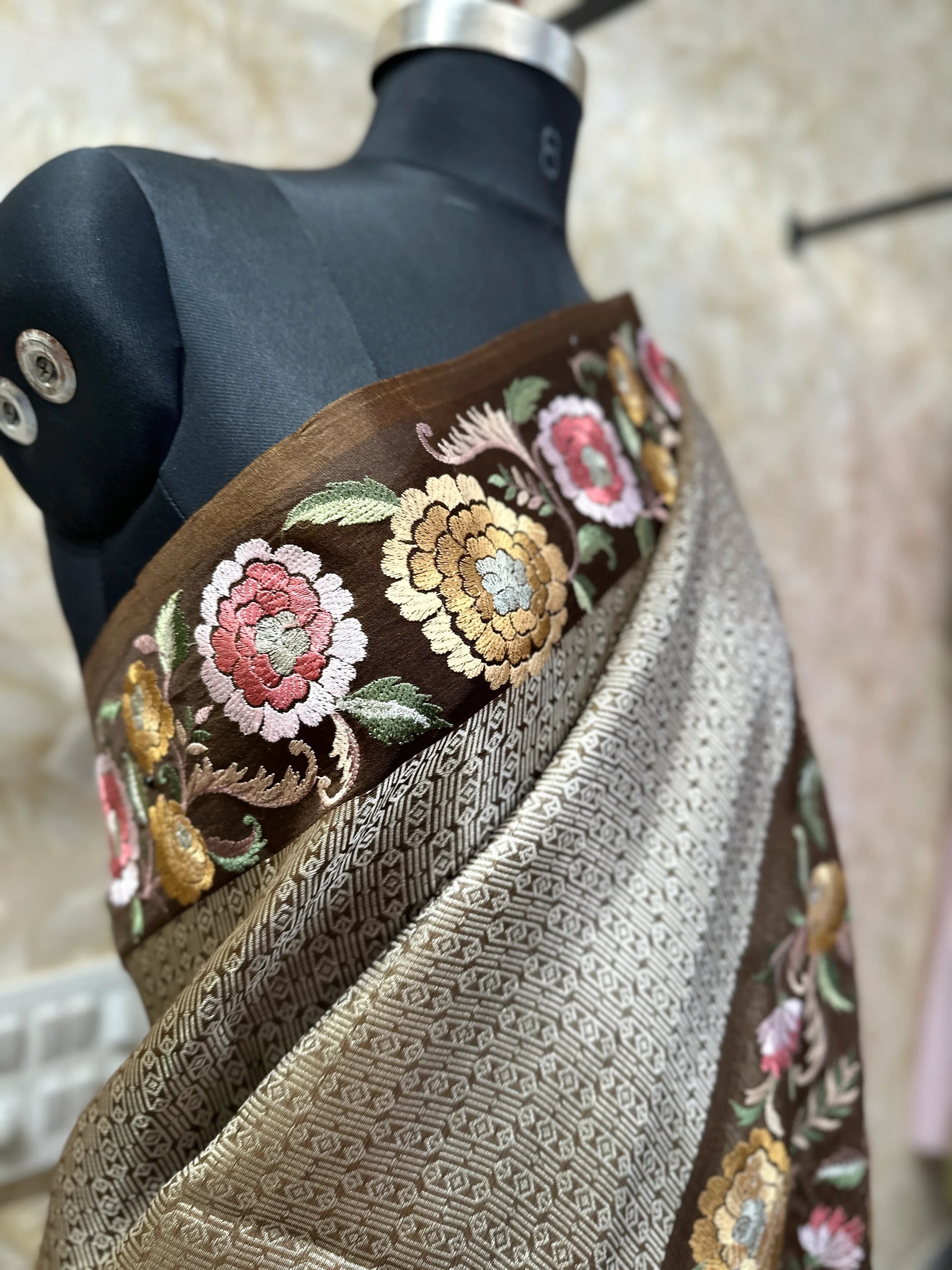 Elegant Brown Mocha Tissue Organza Banaras Saree Resham Embroidery