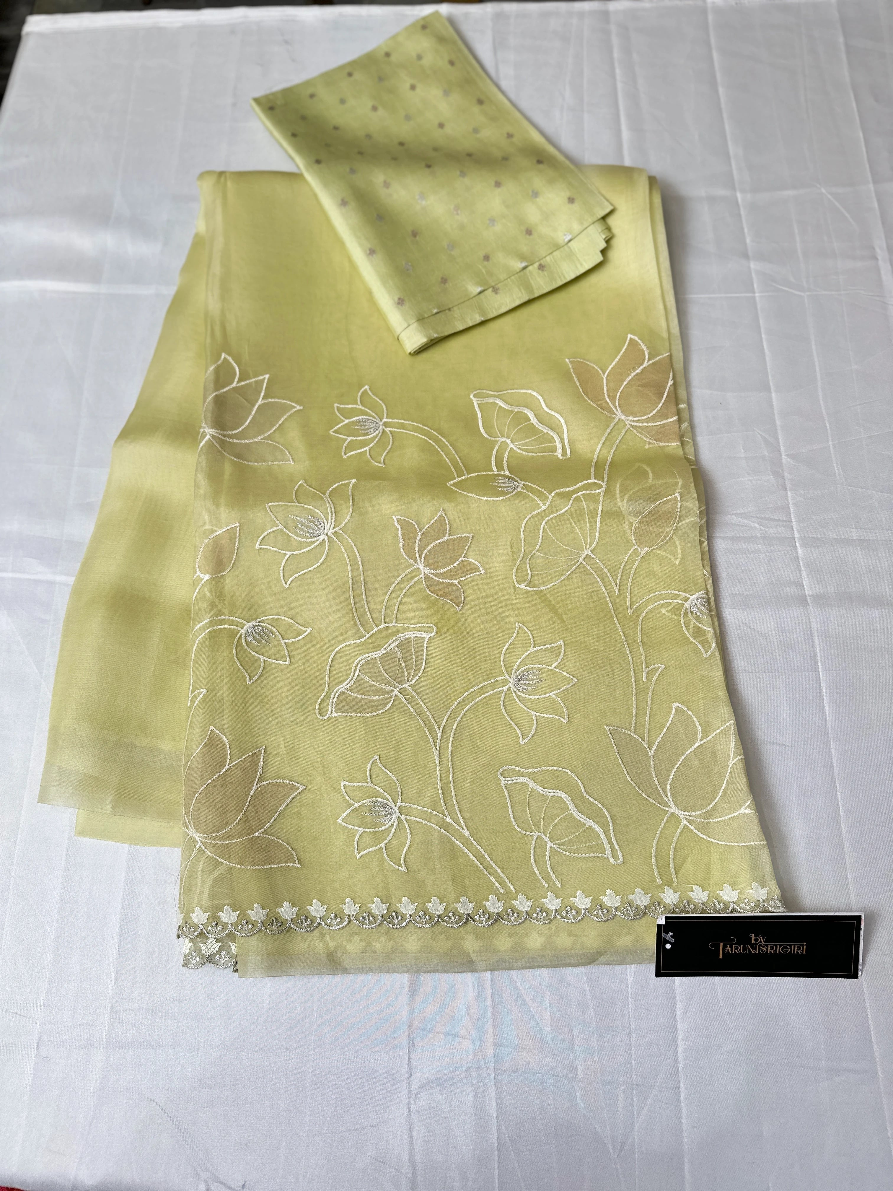 Soft Light Yellow Organza Tissue Applique Saree