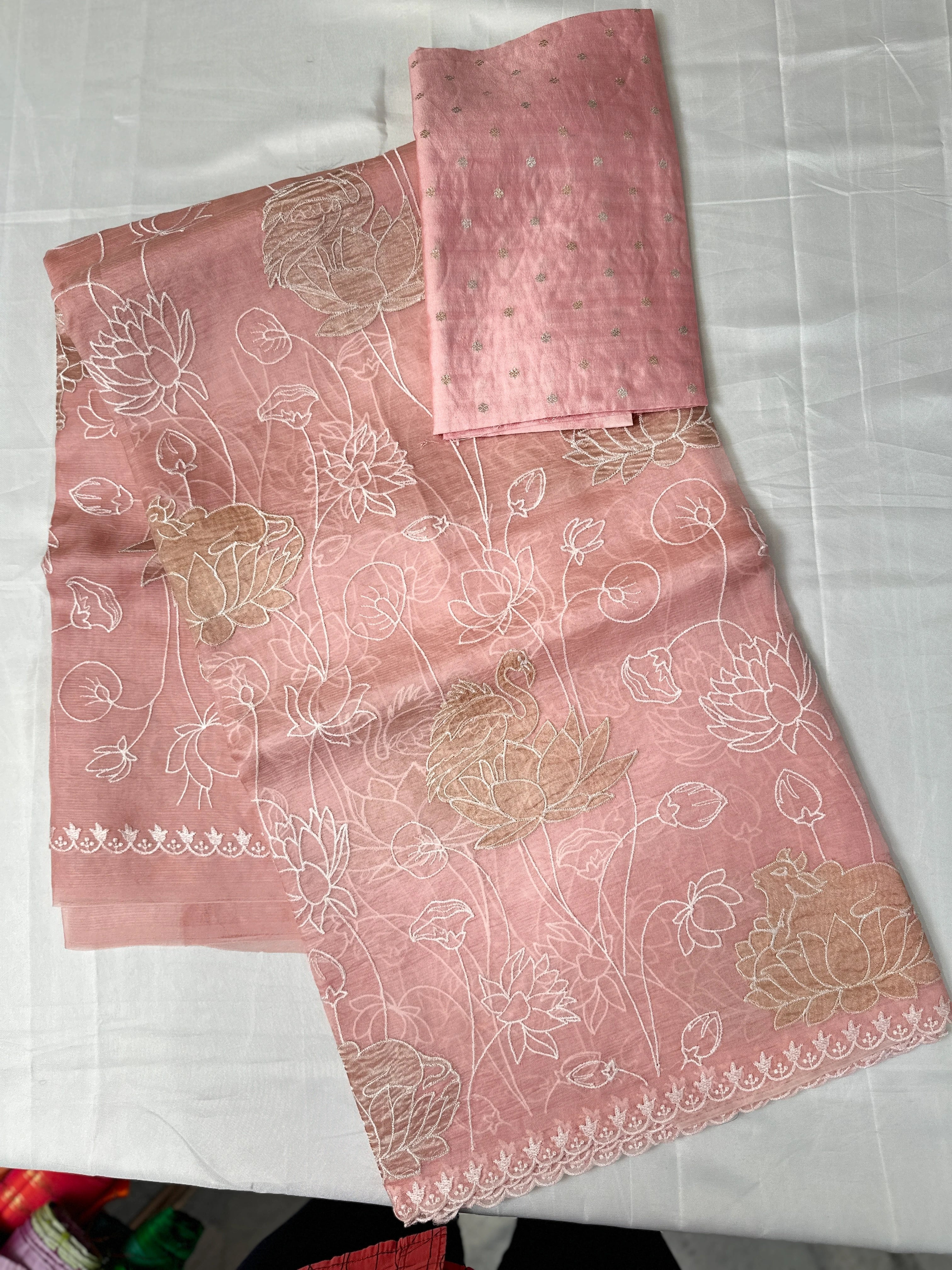 Charming Pink Organza Tissue Applique Embroidery Saree