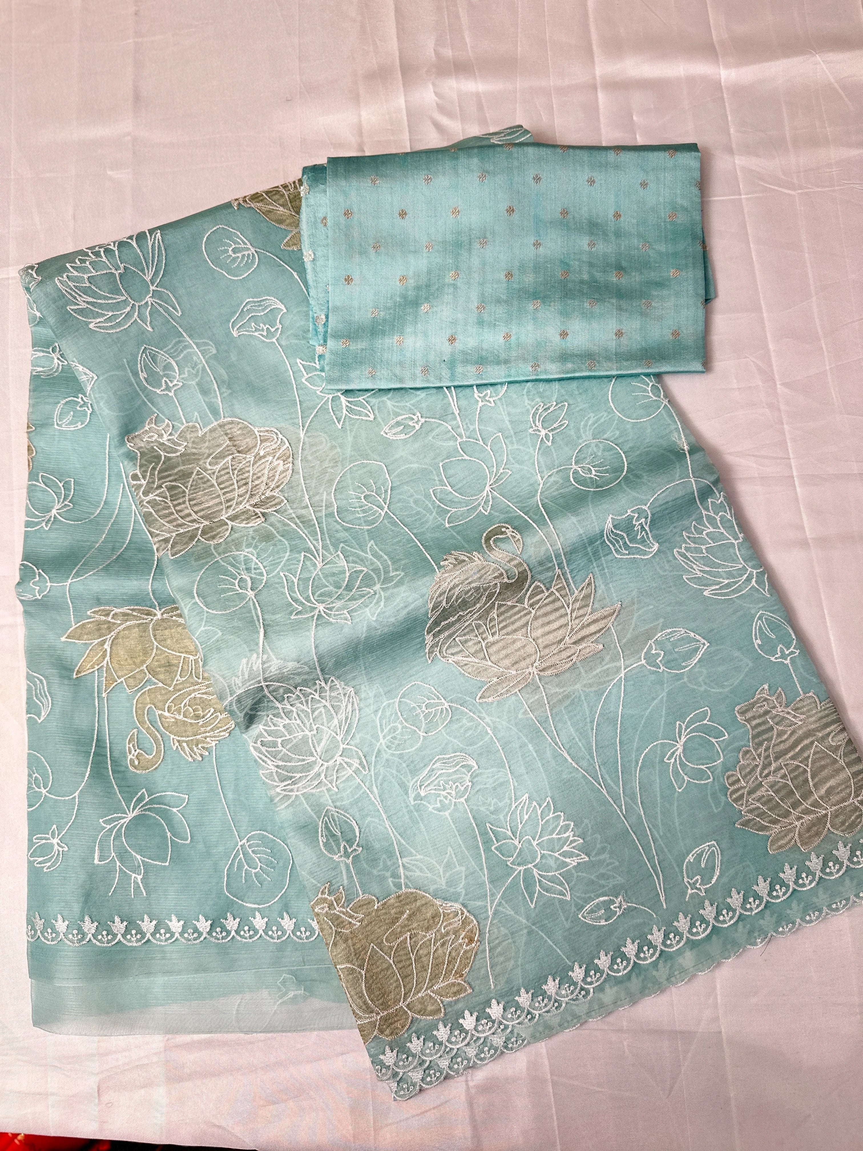 Ethereal Blue Turquoise Organza Tissue Applique Saree